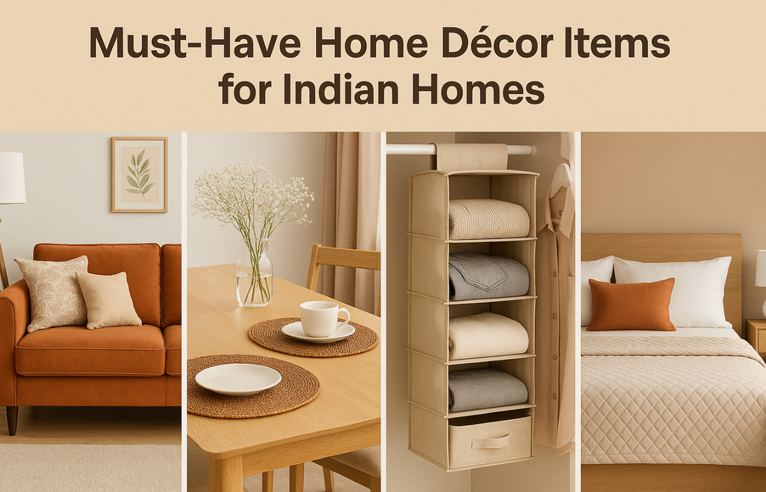 Indian home decor with sofa cover, rugs, cushions, curtains, table linen, wall hangings, and floor cushions, home organizer