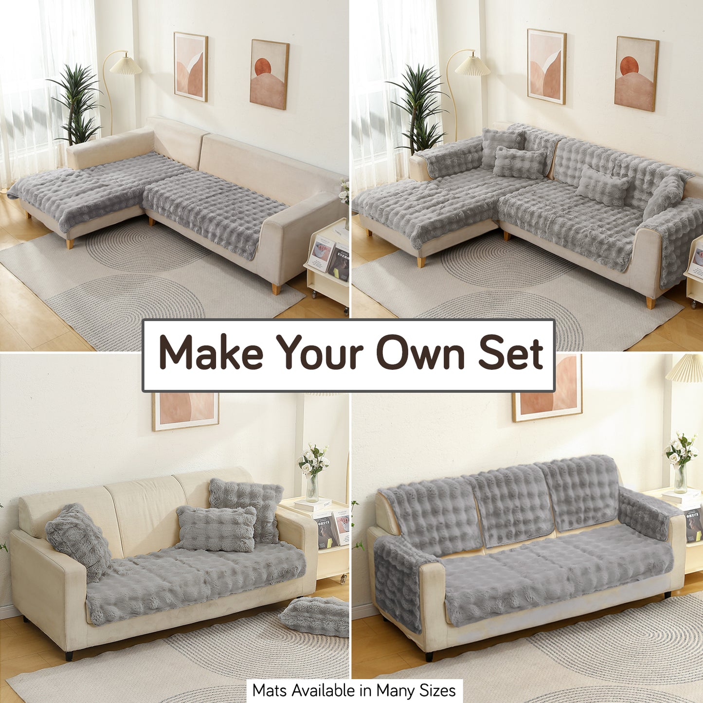 Premium Faux Rabbit Fur Anti Slip Sofa Mat for 1/2/3 Seater, Cool Grey