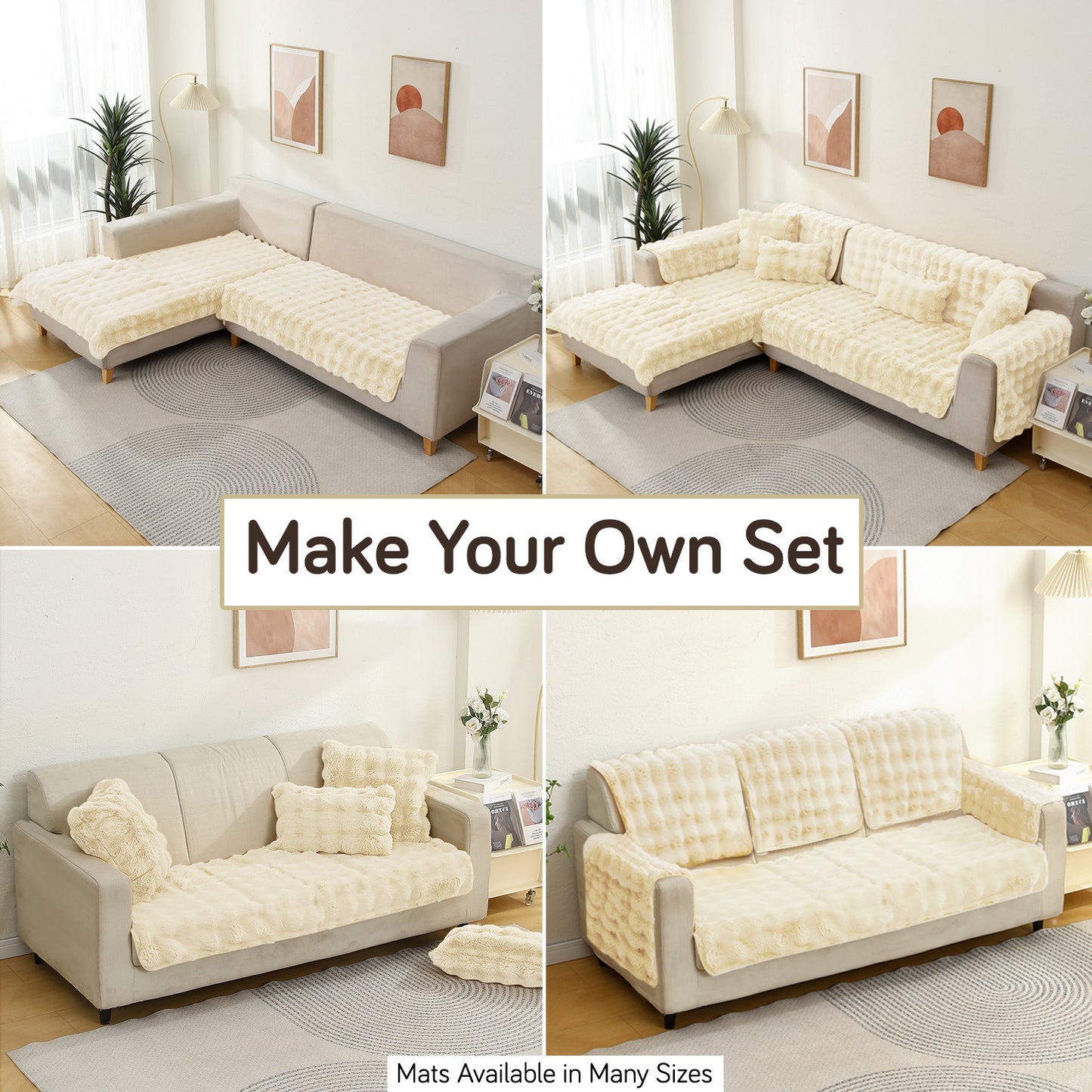 Premium Faux Rabbit Fur Anti Slip Sofa Mat for 1/2/3 Seater, Beige