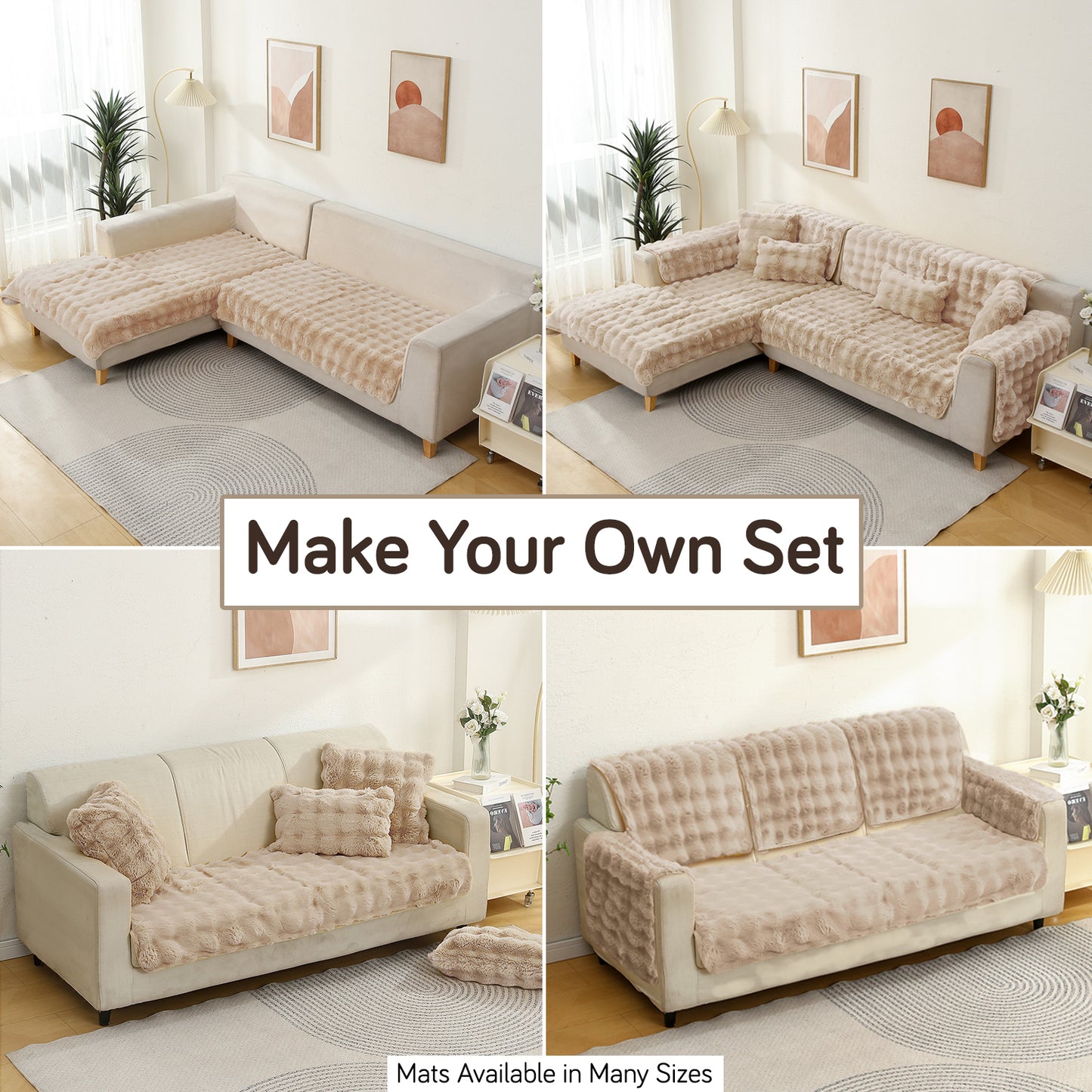 Premium Faux Rabbit Fur Anti Slip Sofa Mat for 1/2/3 Seater, Latte Brown