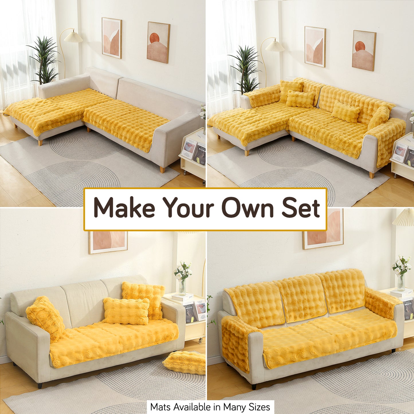 Premium Faux Rabbit Fur Anti Slip Sofa Mat for 1/2/3 Seater, Honey Yellow