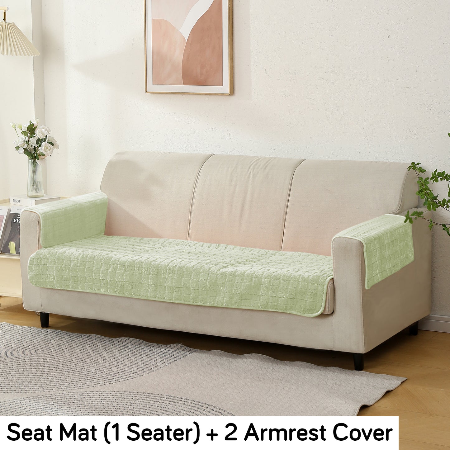Premium Plush Anti Slip Sofa Cover Mat with 2 Armrest Cover and Cushion Cover, Green