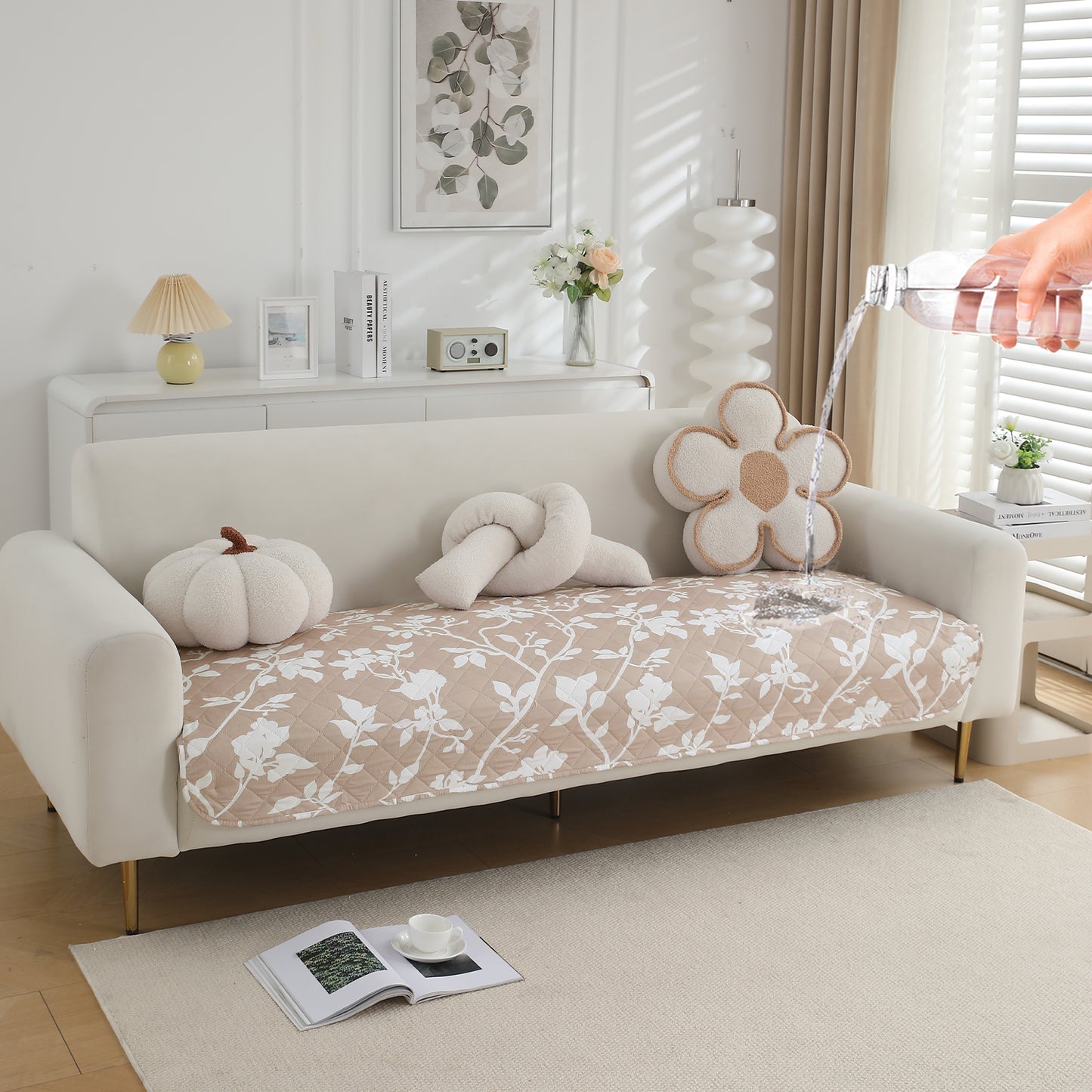 HOKIPO Water Repellent + Waterproof Quilted Sofa Mats, Buff Brown Sillehoute Floral