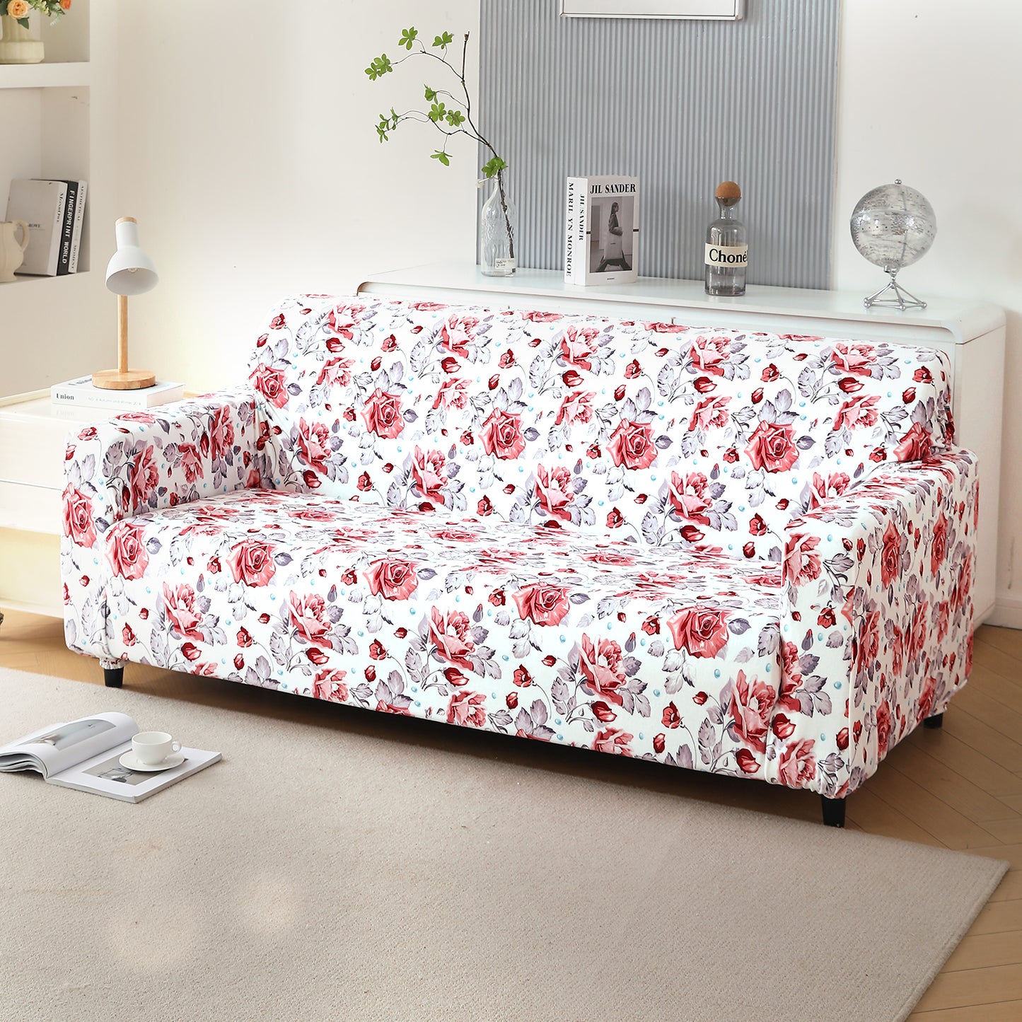 Premium Printed Velvet Sofa Cover 1/2/3 Seaters Fully Covered, Red Cottage Rose