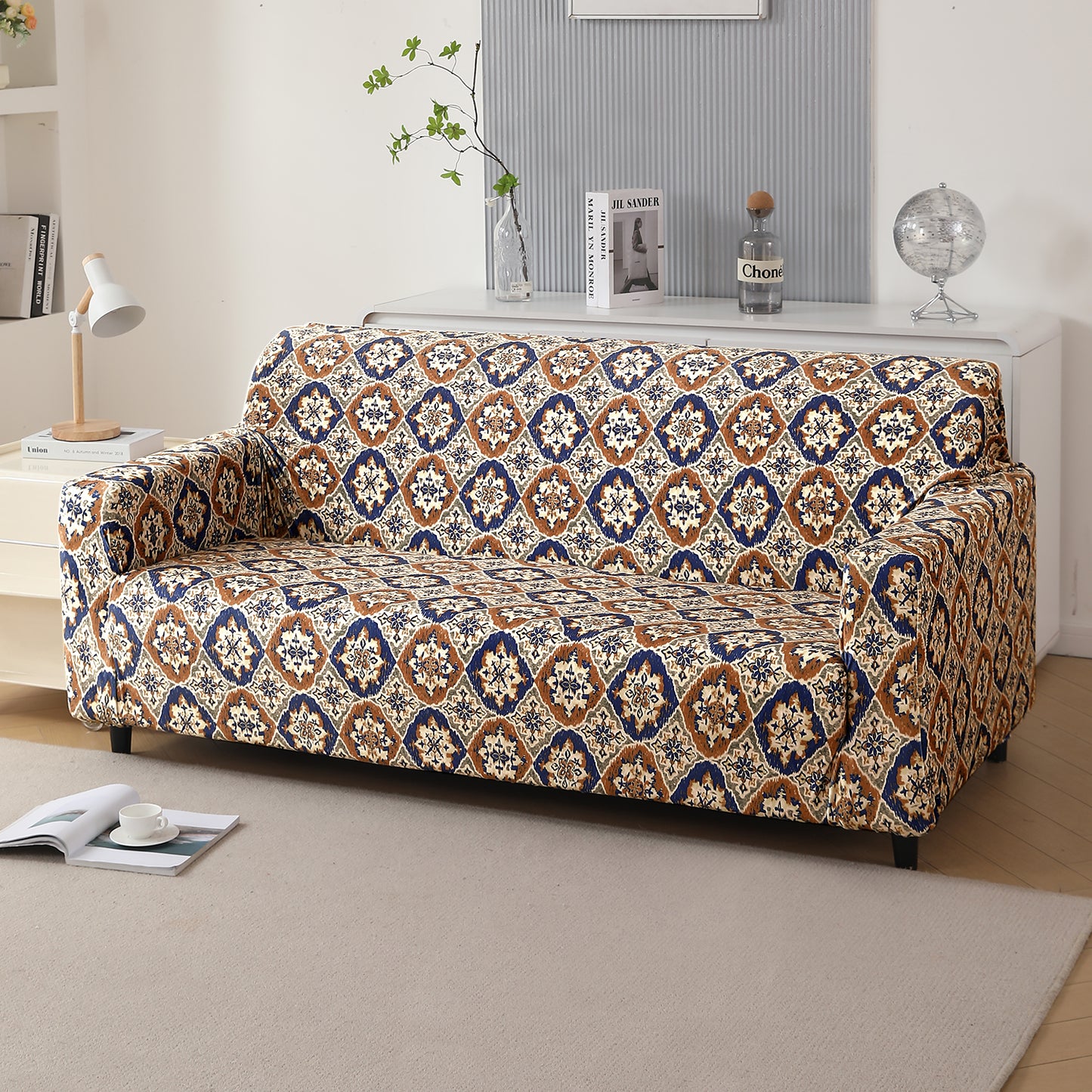 Premium Printed Velvet Sofa Cover 1/2/3 Seaters Fully Covered, Indigo Moroccan Charm