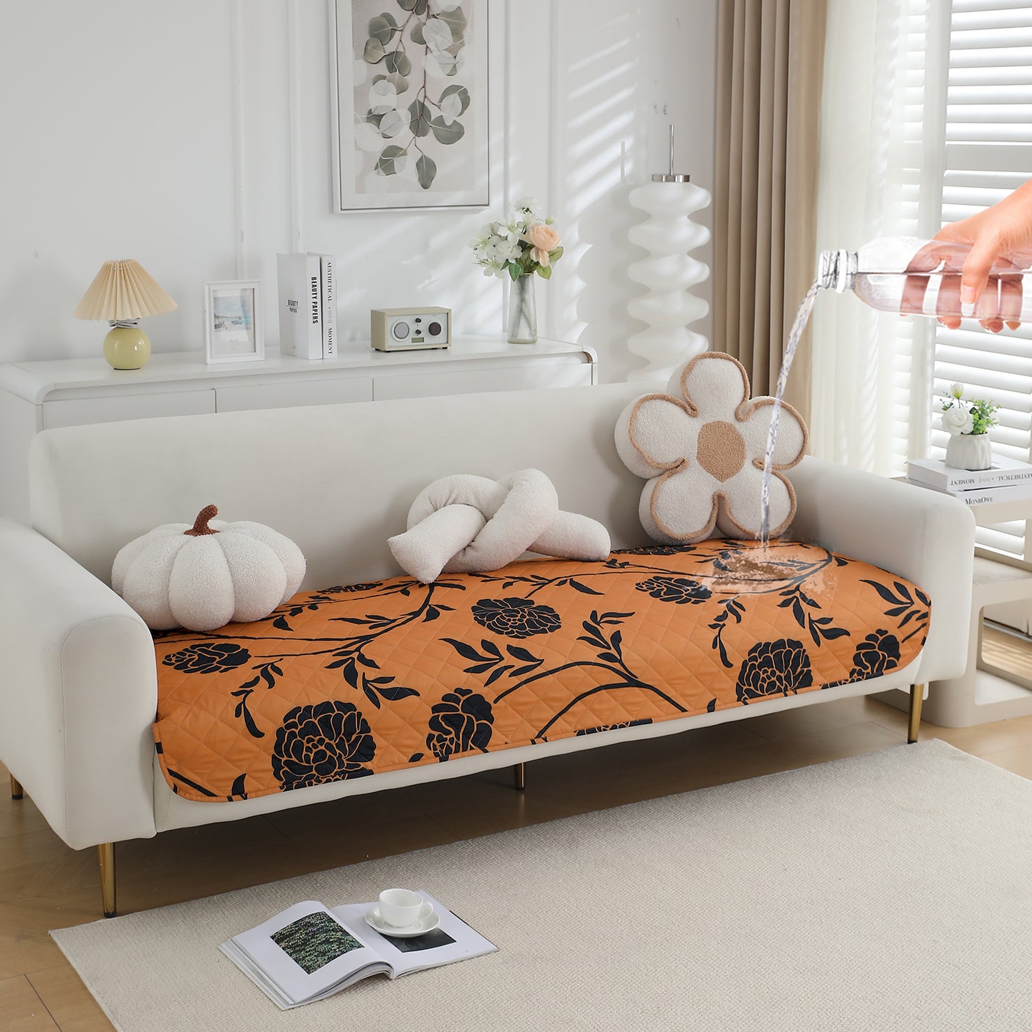 Water Repellent + Waterproof Quilted Sofa Mats, Copper Brown Floral