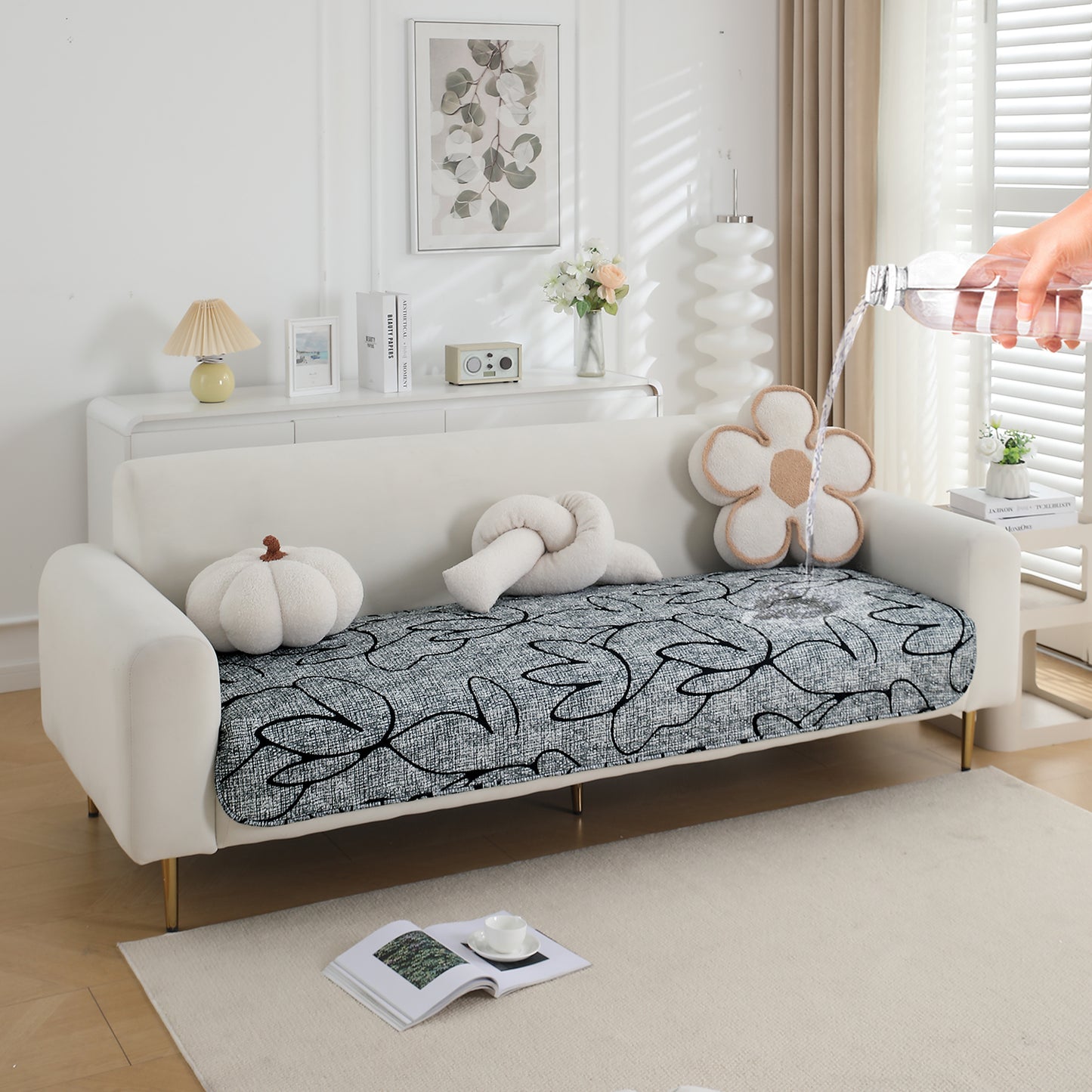 HOKIPO Water Repellent + Waterproof Quilted Sofa Mats, Intense Grey Abstract Floral