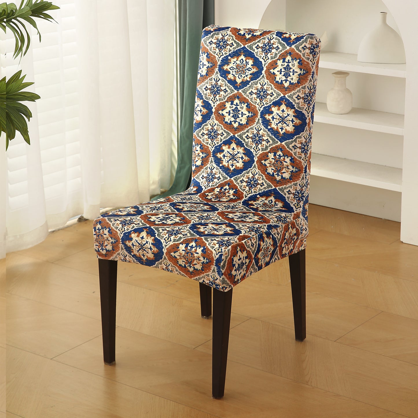 Premium Printed Velvet Dining Chair Cover Set, Indigo Moroccan Charm