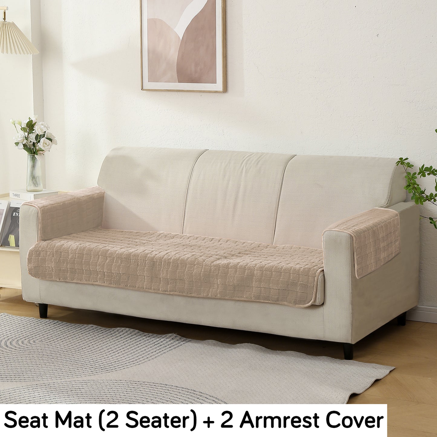 Luxury Plush Anti Slip Sofa Cover Mat with 2 Arm Cover, Beige