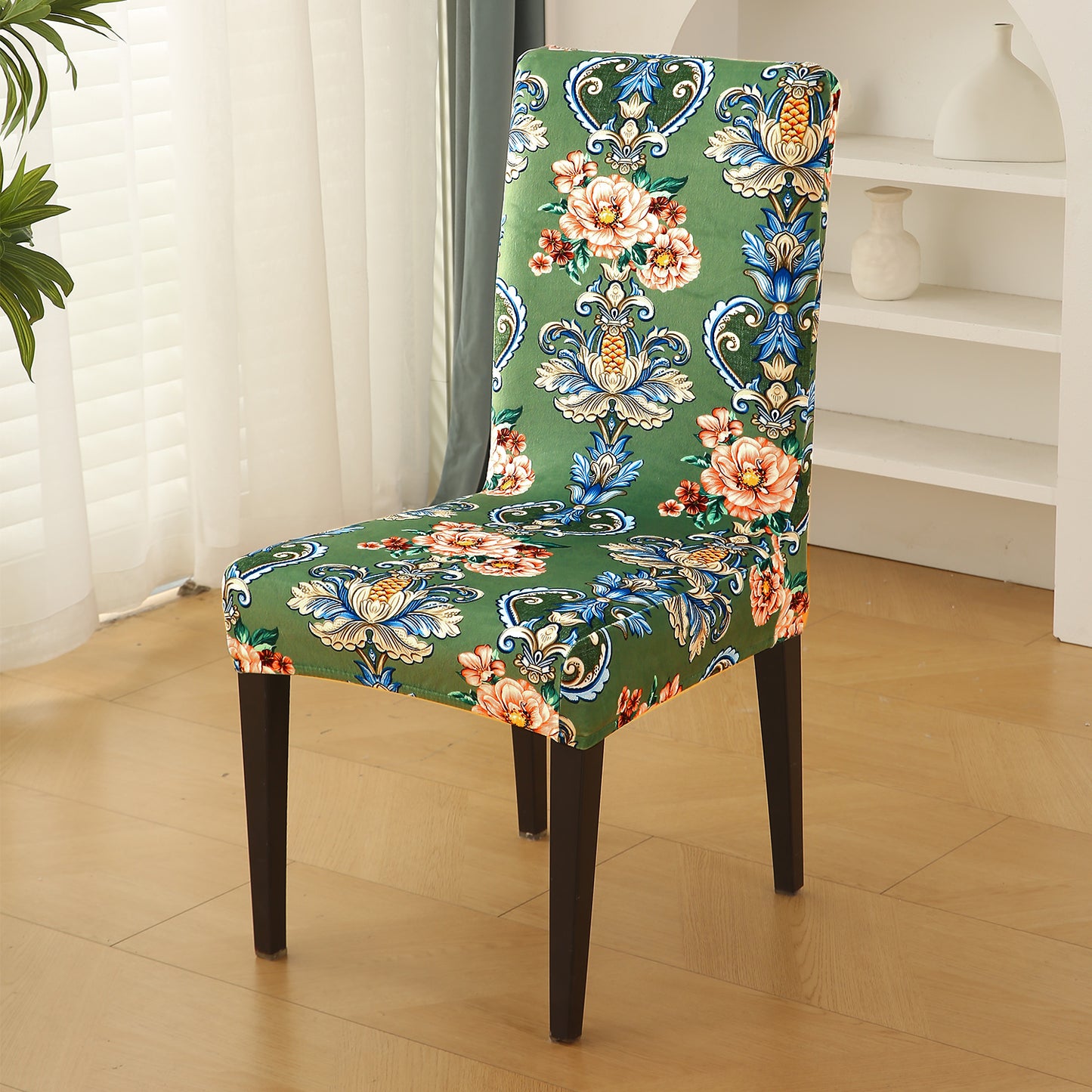 Premium Printed Velvet Dining Chair Cover Set, Green Victorian Garden