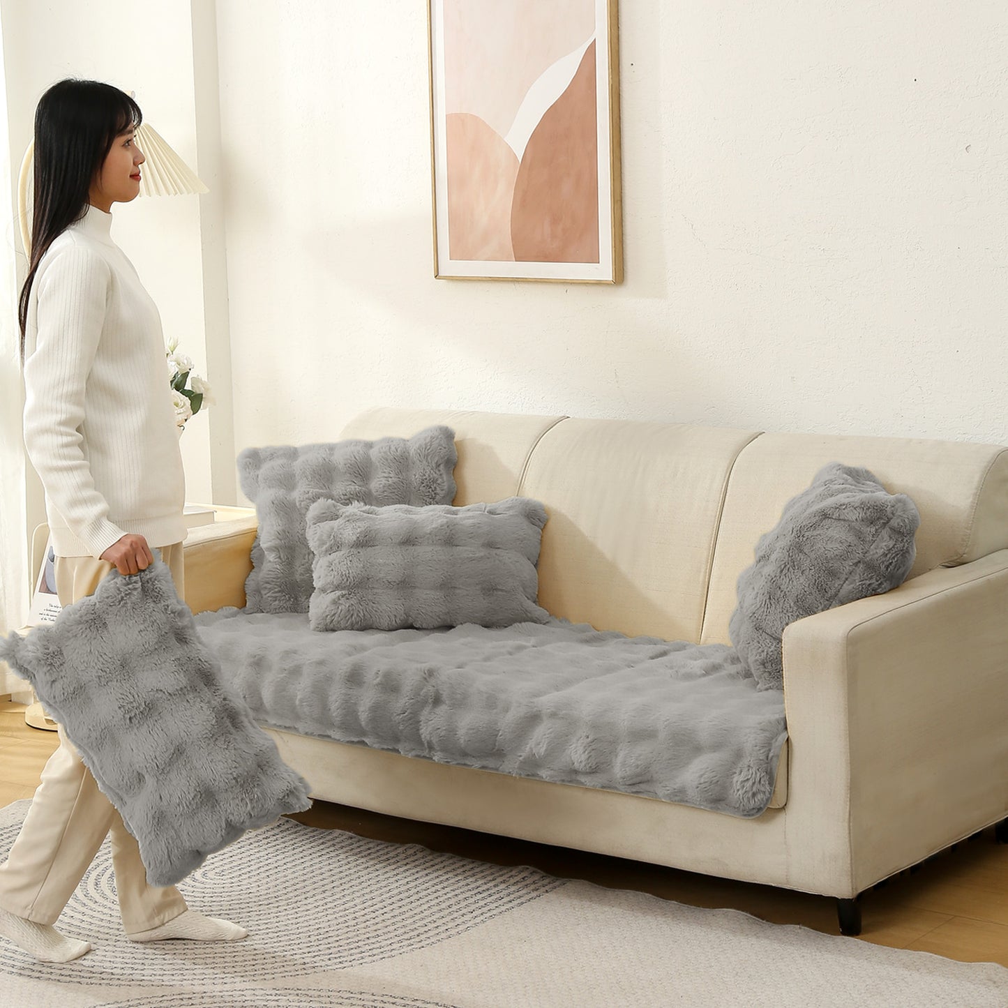 Premium Faux Rabbit Fur Anti Slip Sofa Mat for 1/2/3 Seater, Cool Grey