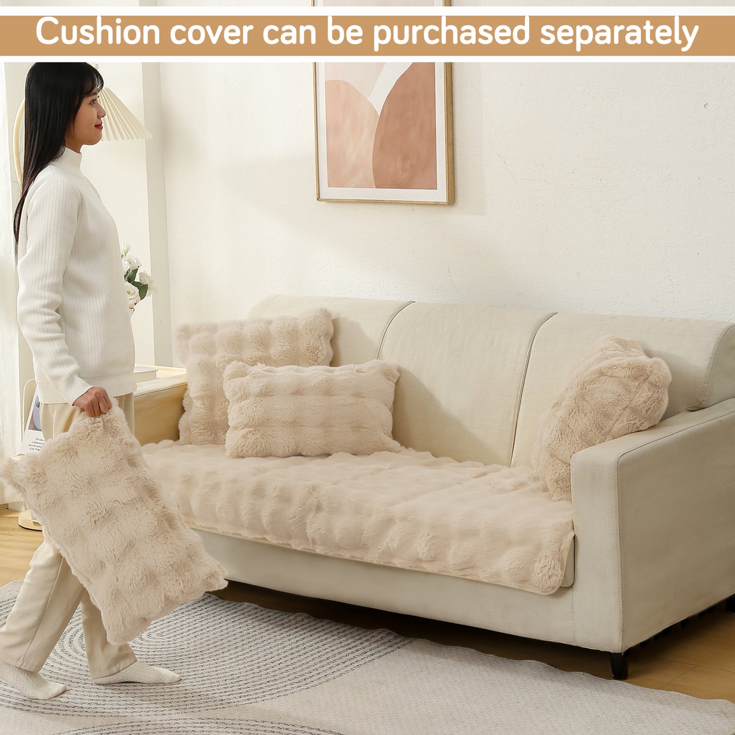 Premium Faux Rabbit Fur Anti Slip Sofa Mat for 1/2/3 Seater, Latte Brown