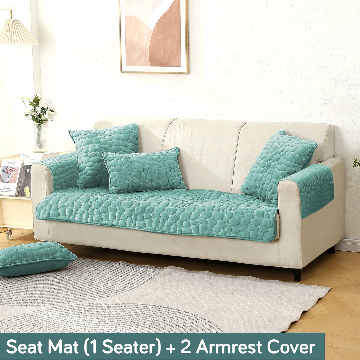 Premium Pebble Milk Velvet Anti Slip Sofa Cover Mat with 2 Armrest Cover, Fog Blue