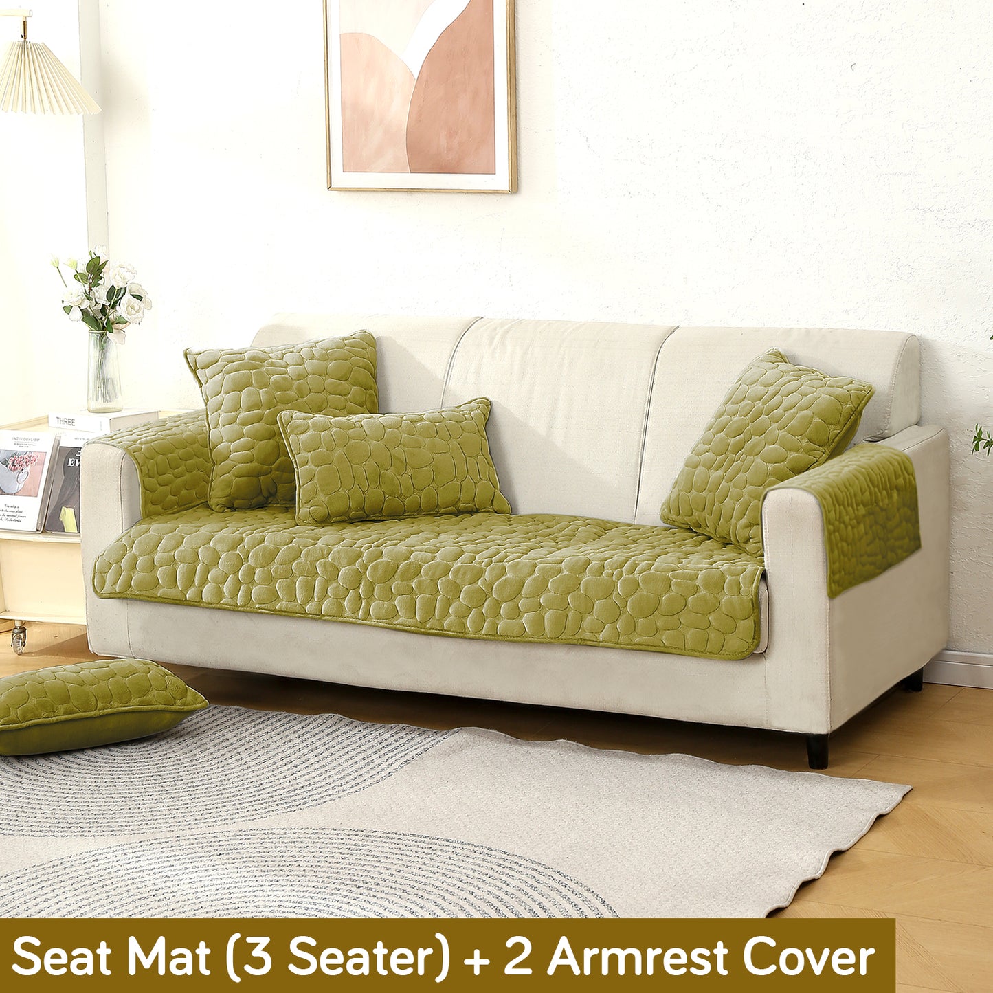 Premium Pebble Milk Velvet Anti Slip Sofa Cover Mat with 2 Armrest Cover, Pristine Green