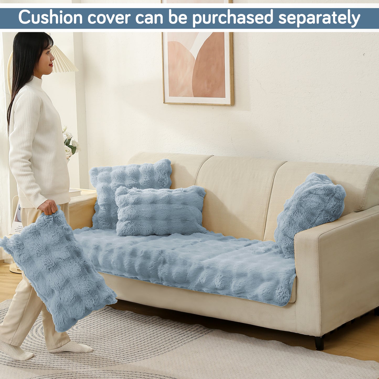 Premium Faux Rabbit Fur Anti Slip Sofa Mat for 1/2/3 Seater, Charm Blue