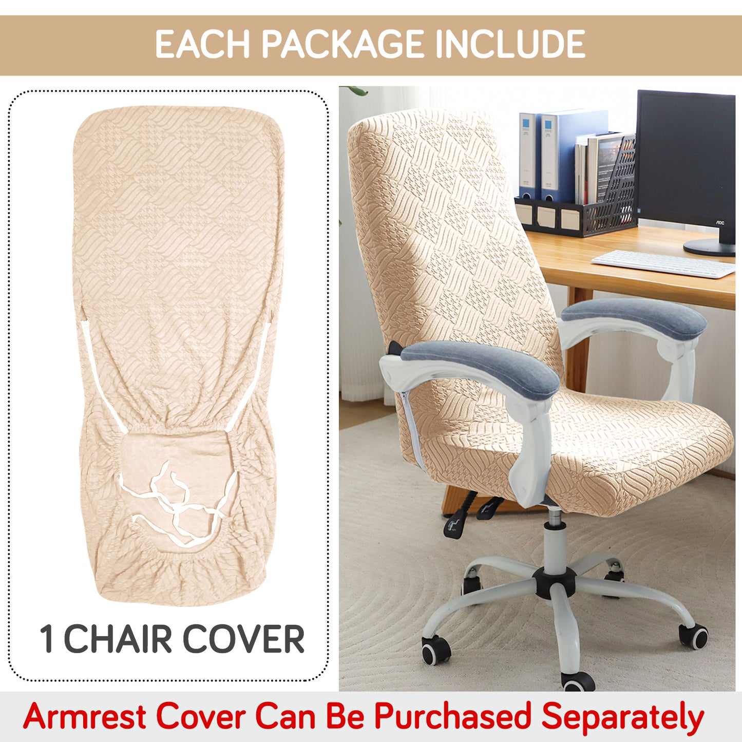 Office Chair Cover for Executive Chair (High-Back) – 170 GSM Stretchable Jacquard – Washable & Anti-Slip – Fits Big & Tall Office Chairs, Beige
