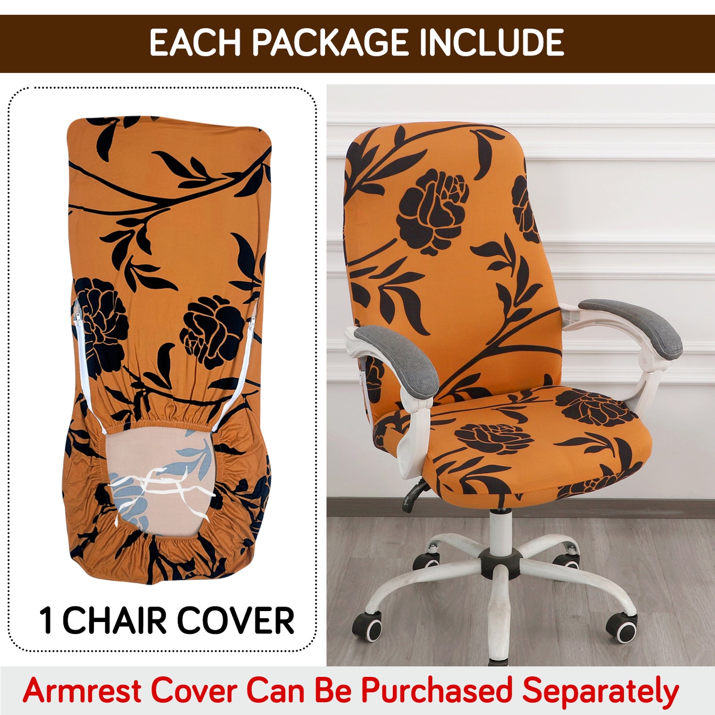 Printed Office Chair Cover for Desk Chair (Mid-Back) – 140 GSM Stretch Fabric – Durable & Anti-Slip – Fits Mid-Back Office Chairs, Copper Brown Floral - Medium