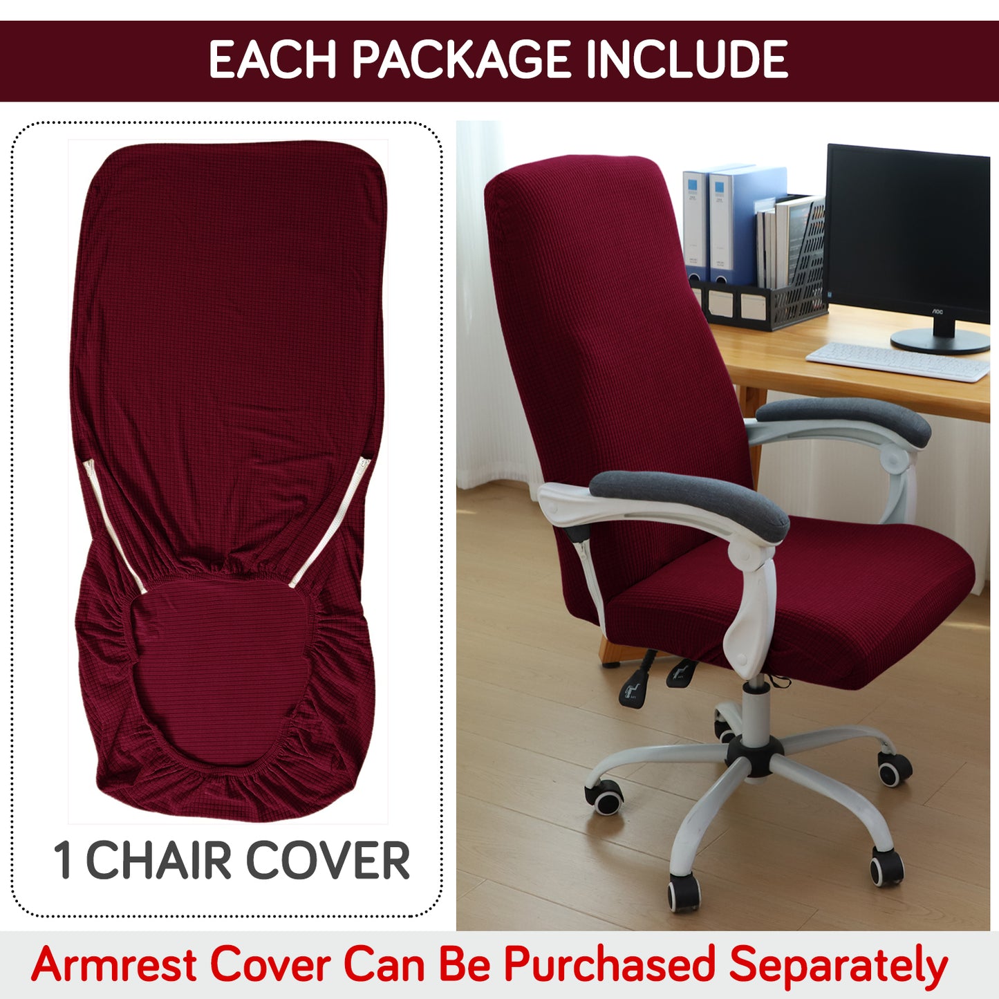 Water Repellent Office Chair Cover for Executive Chair (High-Back) – 210 GSM Stretchable Jacquard – Washable & Anti-Slip – Fits Big & Tall Office Chairs, Burgundy