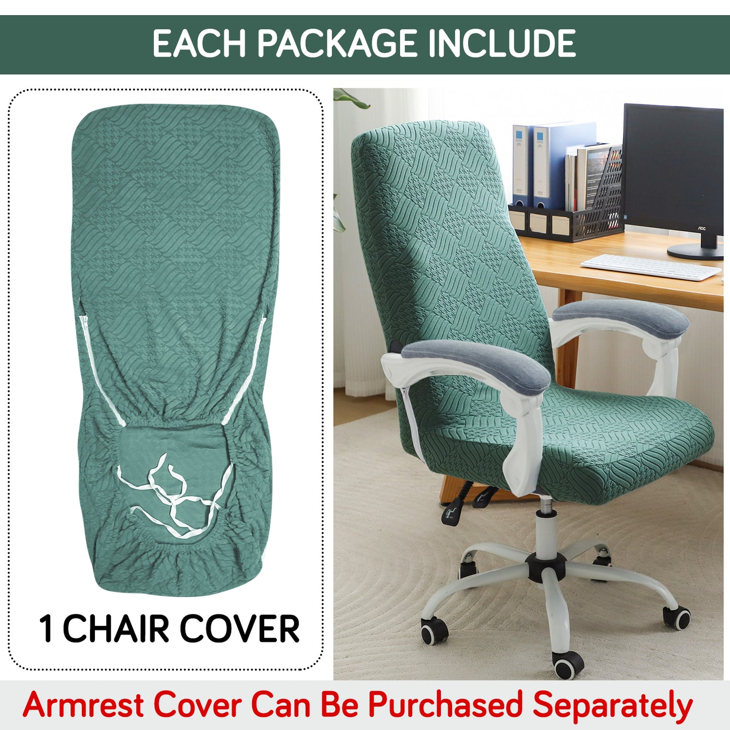 Office Chair Cover for Executive Chair (High-Back) – 170 GSM Stretchable Jacquard – Washable & Anti-Slip – Fits Big & Tall Office Chairs, Green