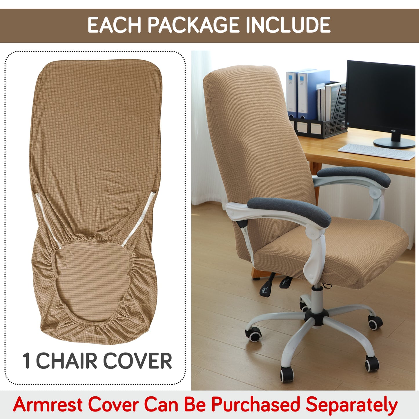 Water Repellent Office Chair Cover for Executive Chair (High-Back) – 210 GSM Stretchable Jacquard – Washable & Anti-Slip – Fits Big & Tall Office Chairs, Camel