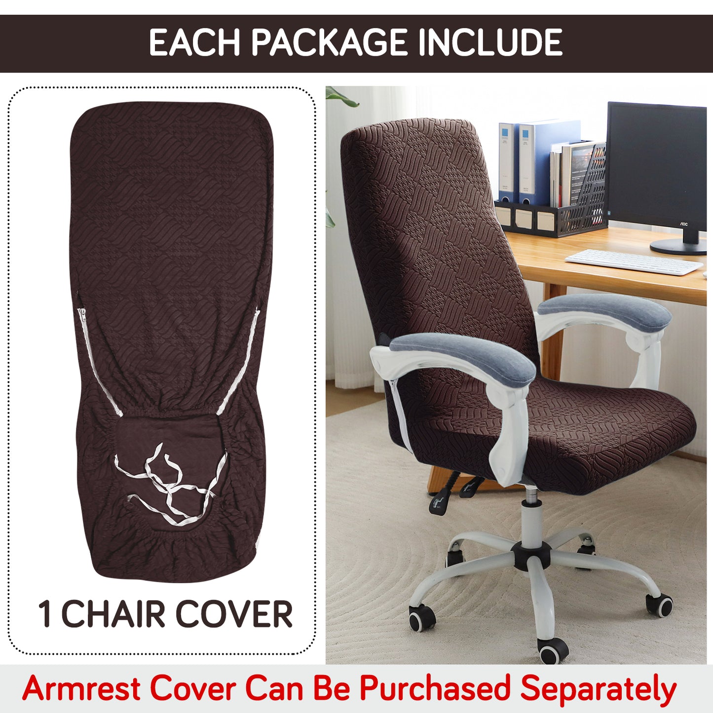 Office Chair Cover for Executive Chair (High-Back) – 170 GSM Stretchable Jacquard – Washable & Anti-Slip – Fits Big & Tall Office Chairs, Brown