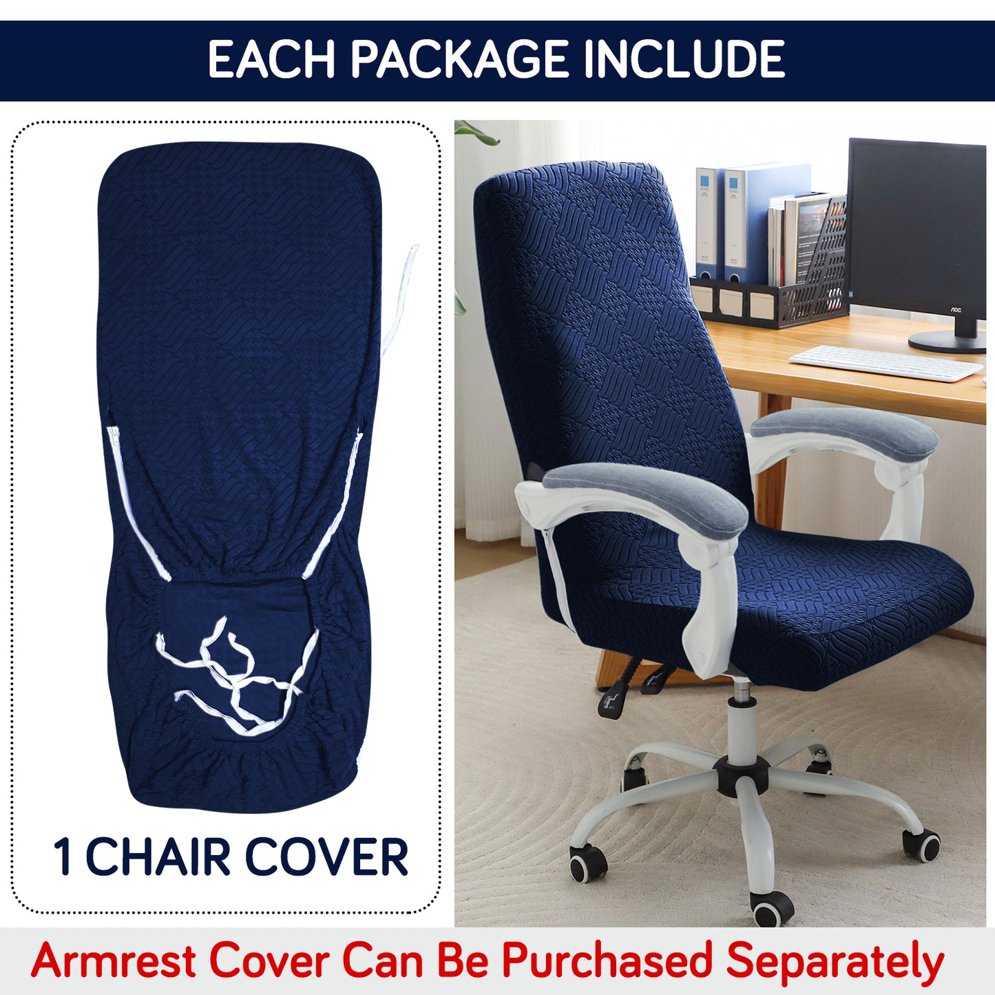 Office Chair Cover for Executive Chair (High-Back) – 170 GSM Stretchable Jacquard – Washable & Anti-Slip – Fits Big & Tall Office Chairs, Navy Blue