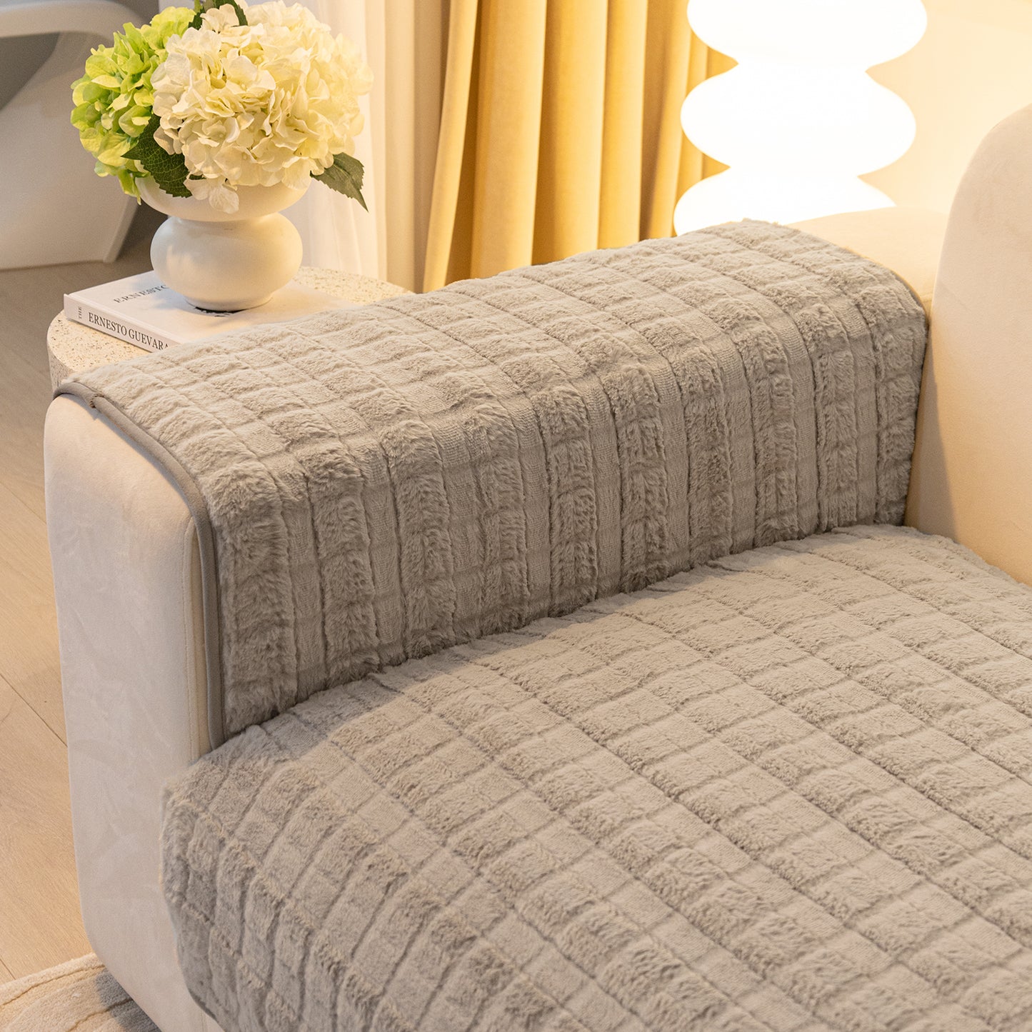 Luxury Plush Anti Slip Sofa Cover Mat with 2 Arm Cover, Beige