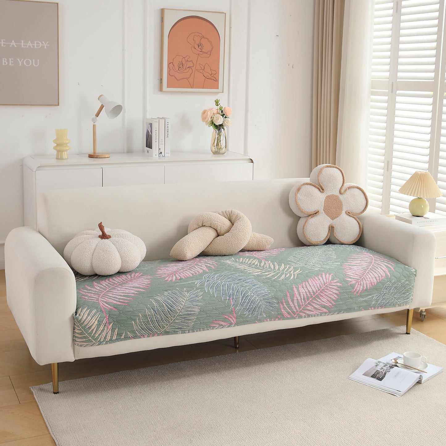 Polyester Printed Quilted Sofa Cover Mats, Tropical Leaves Pastel Green
