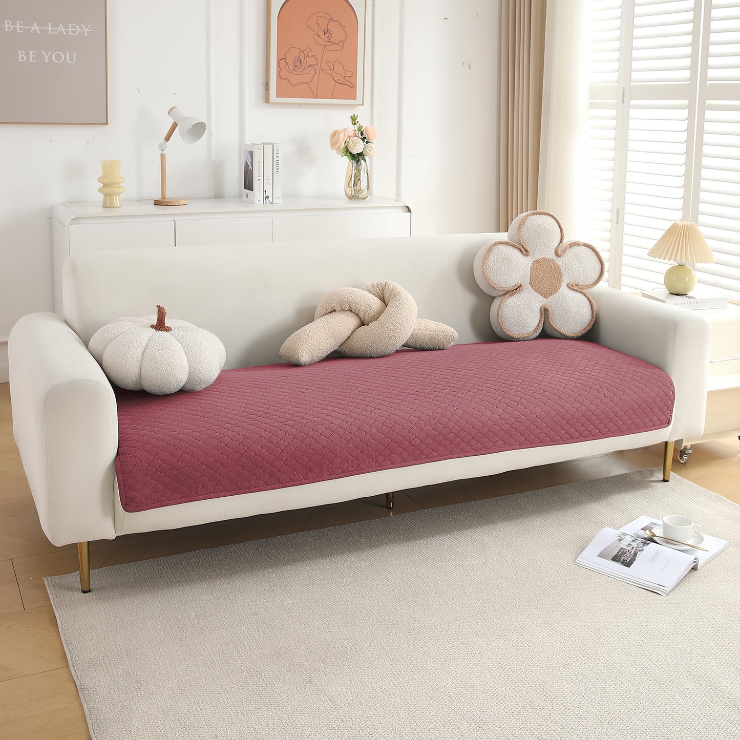 Quilted Sofa Cover Mat for 1/2/3 Seater Sofa, Mauve Pink