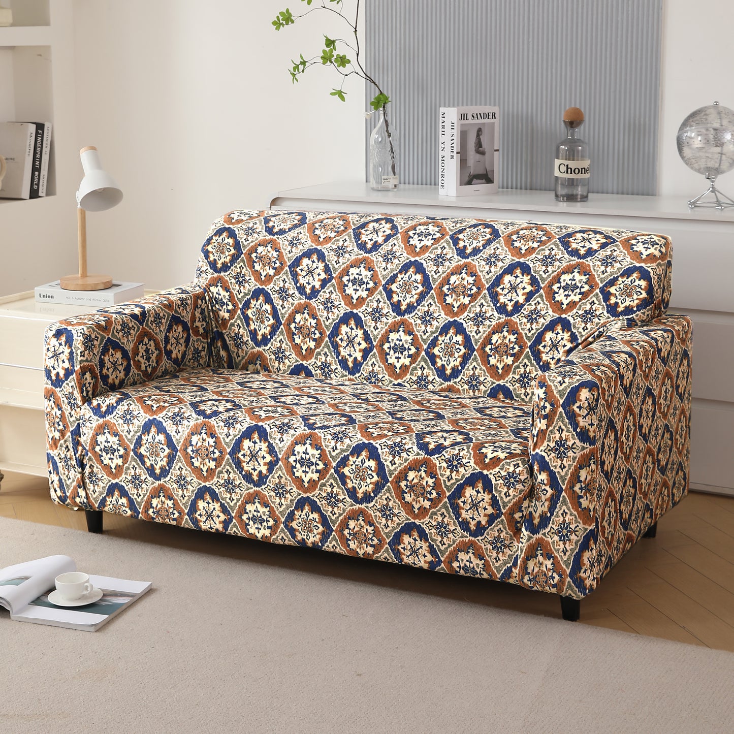 Premium Printed Velvet Sofa Cover 1/2/3 Seaters Fully Covered, Indigo Moroccan Charm