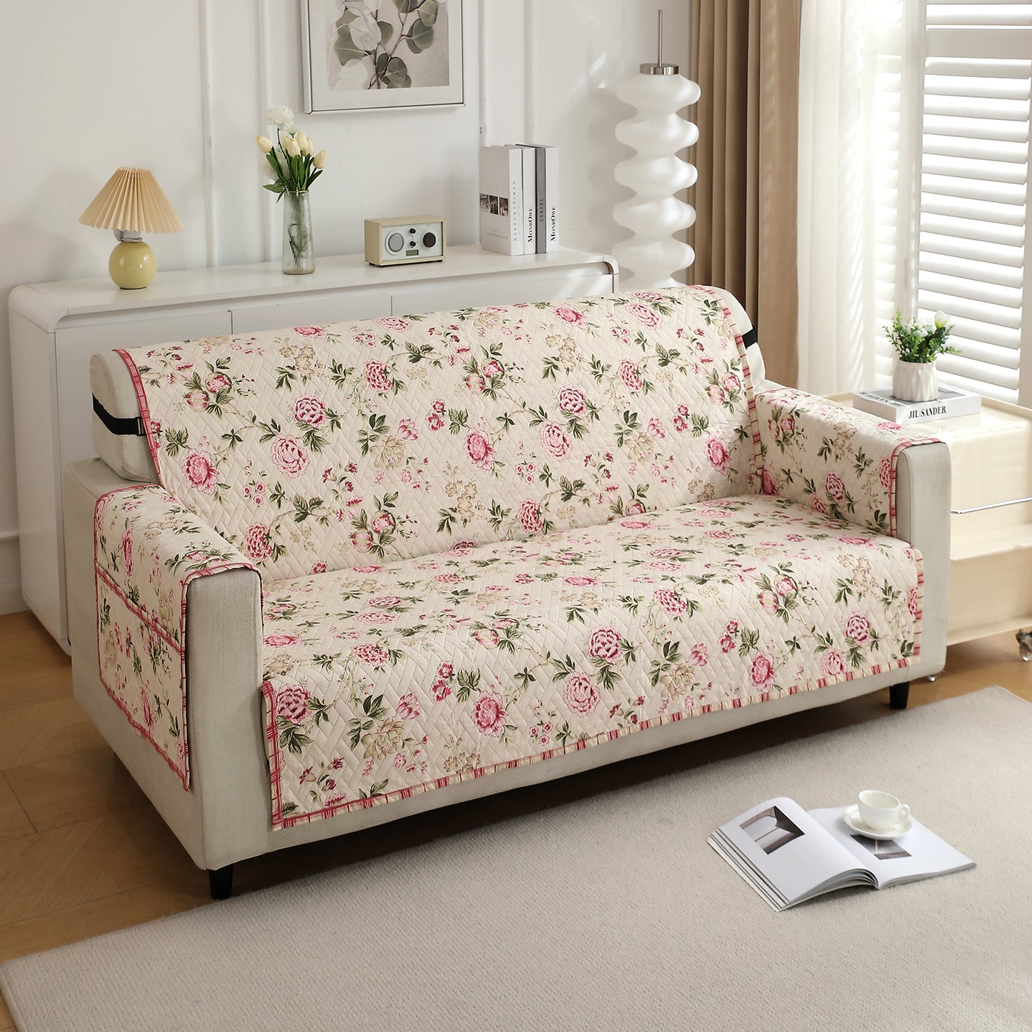 Beige Peonies Printed elegant three seater quilted sofa cover