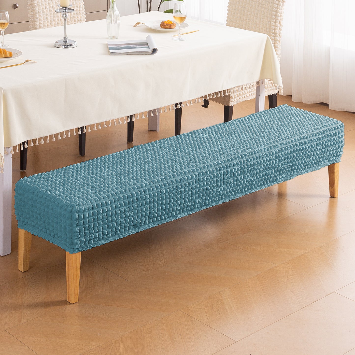 Aria Nova 280 GSM Stretchable Bubble Dining Bench Cover, Tropical Teal