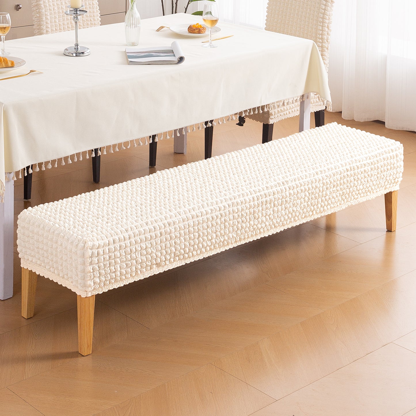 Aria Nova 280 GSM Stretchable Bubble Dining Bench Cover, Light Cream