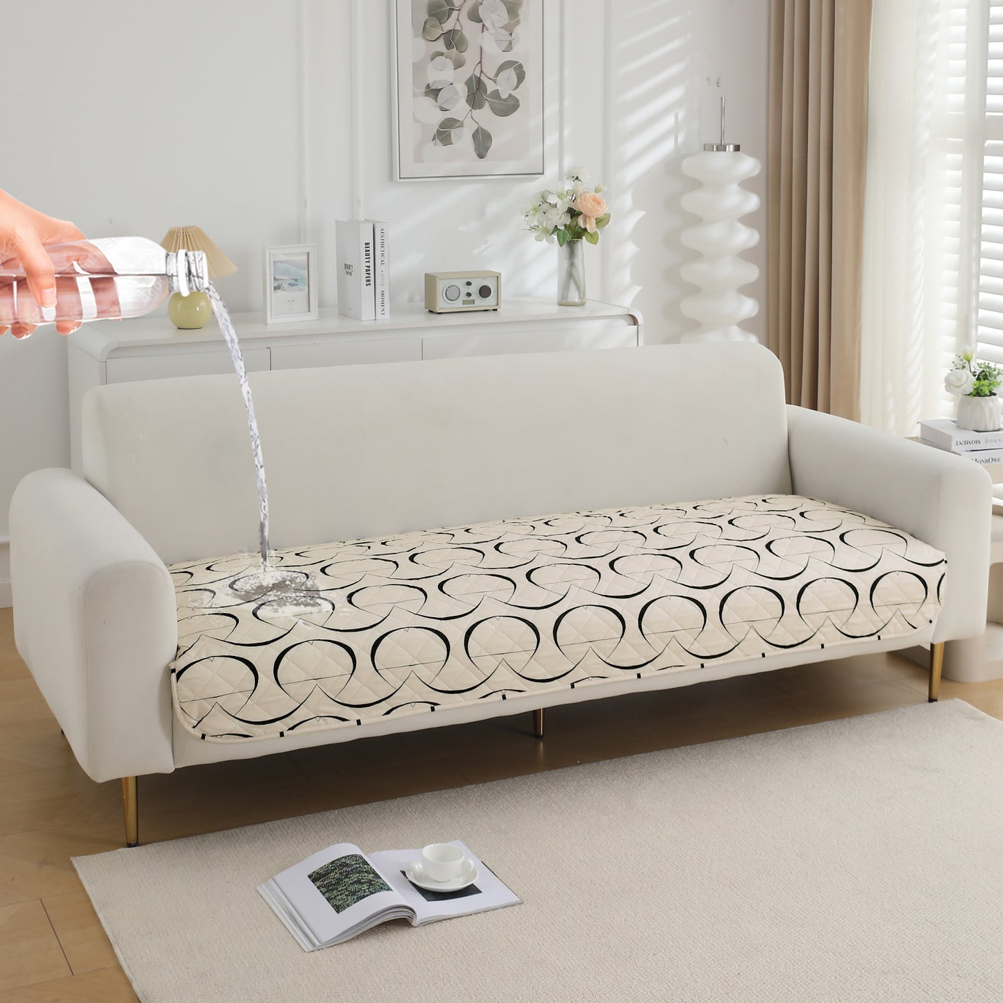 HOKIPO Water Repellent + Waterproof Quilted Sofa Mats, Natural Beige Abstract Art
