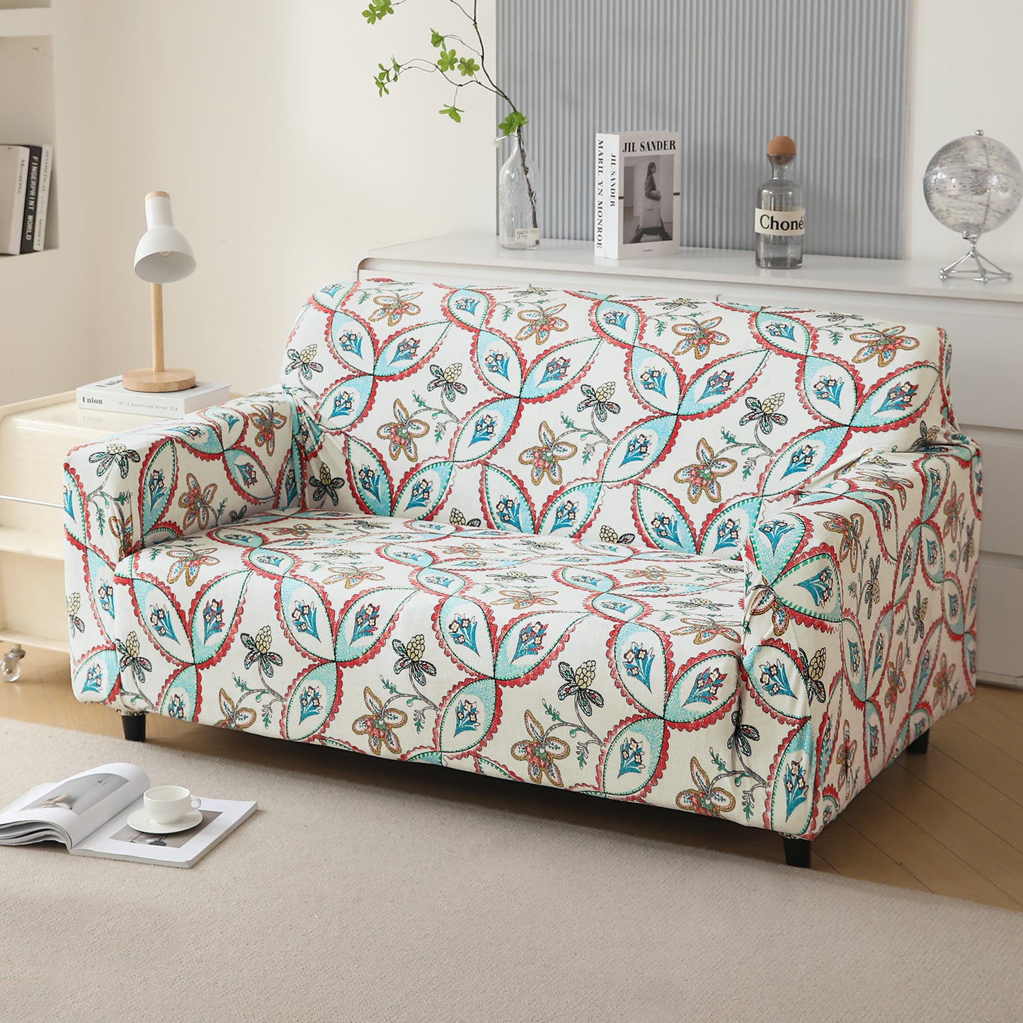 Premium Printed Velvet Sofa Cover 1/2/3 Seaters Fully Covered, Beige Persian Garden