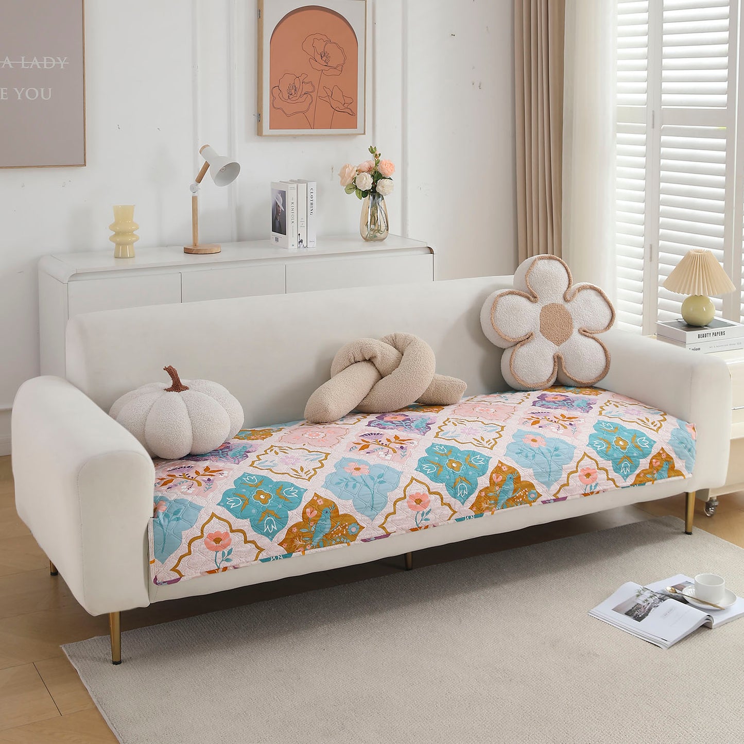 Polyester Printed Quilted Sofa Cover Mats, Quatrefoil Multicolor