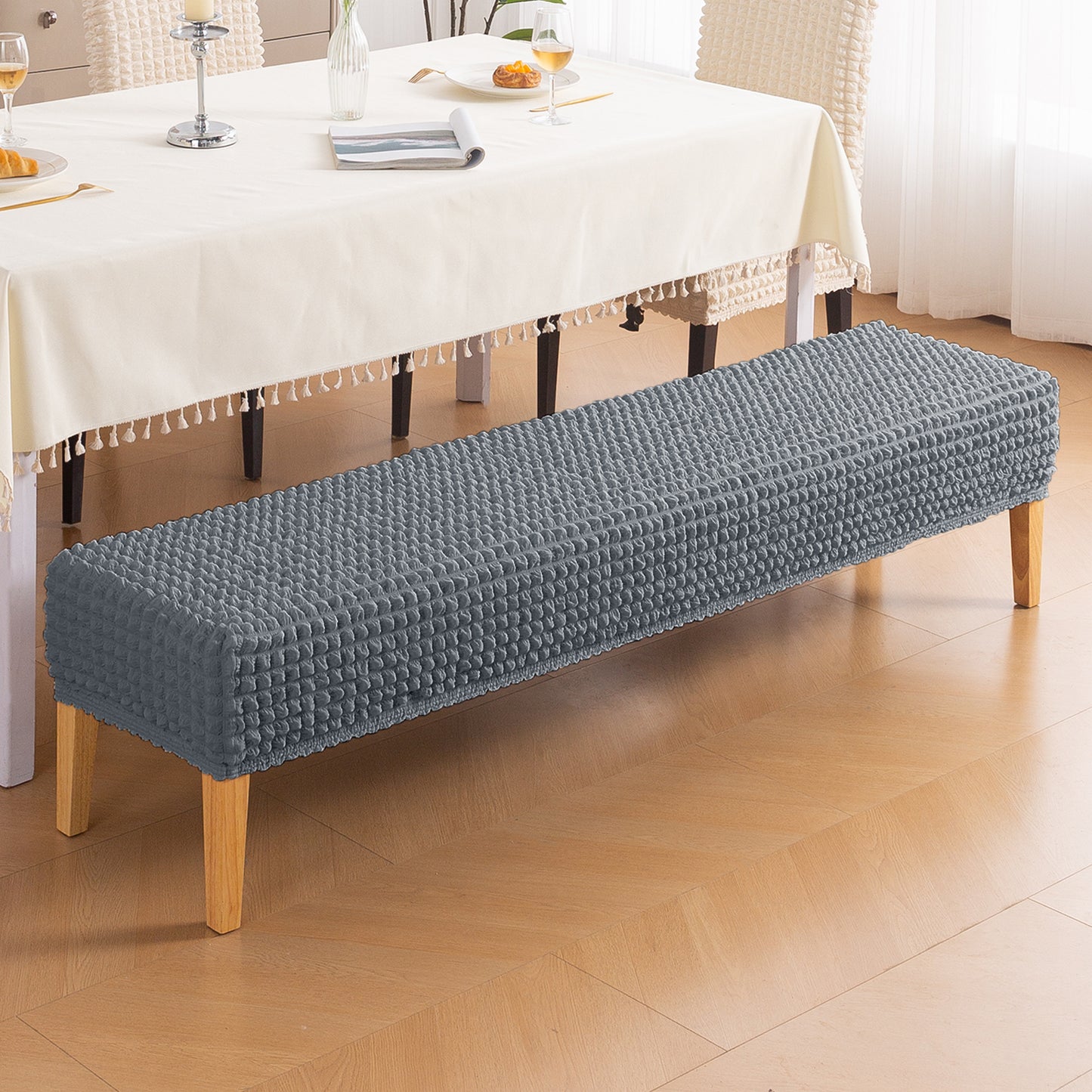 Aria Nova 280 GSM Stretchable Bubble Dining Bench Cover, Dark Grey