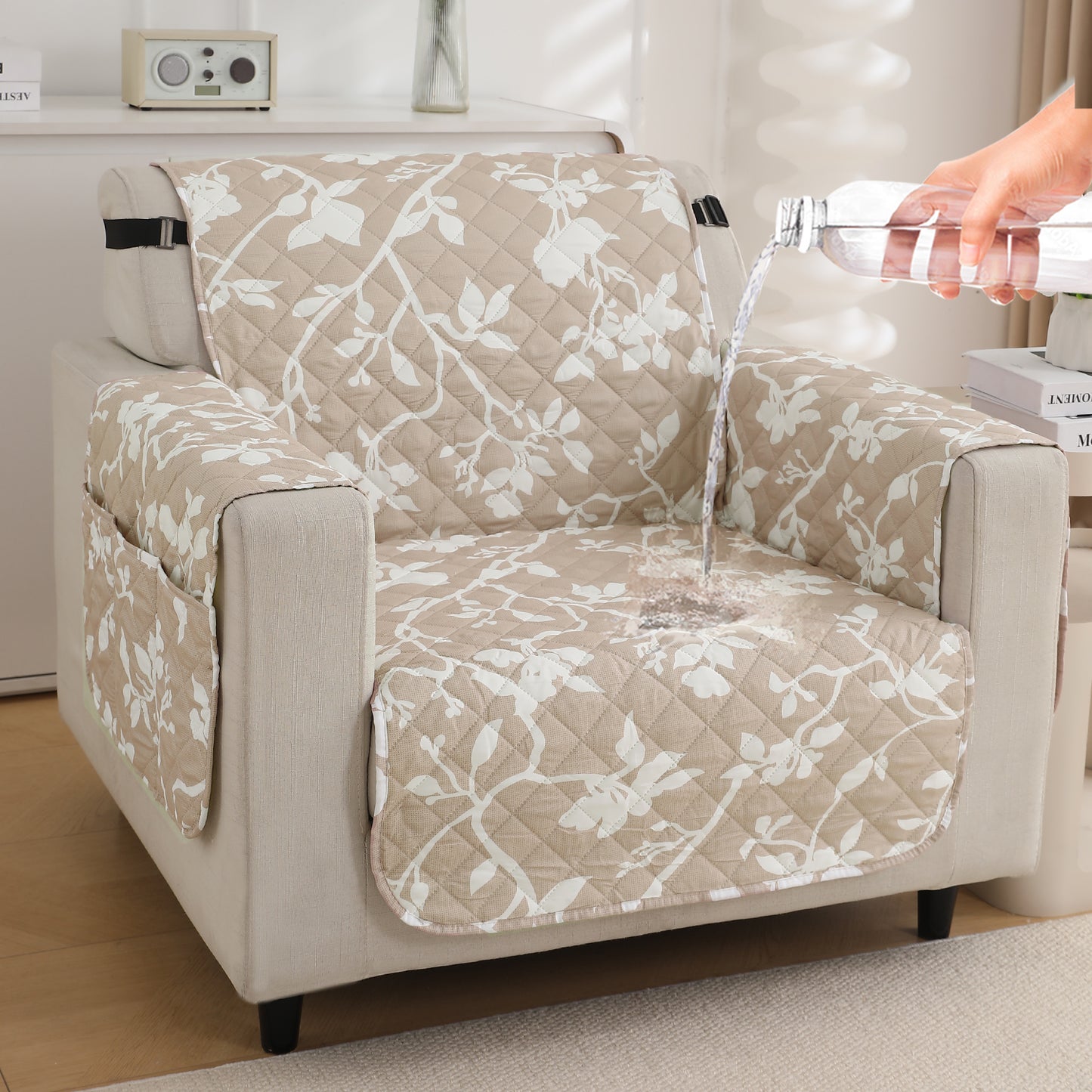 Waterproof & Quick-Dry Quilted Sofa Cover with Pockets on Armrest, Buff Brown Sillehoute Floral