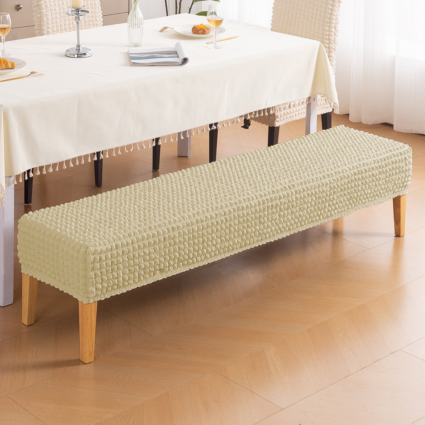 Aria Nova 280 GSM Stretchable Bubble Dining Bench Cover, Beige