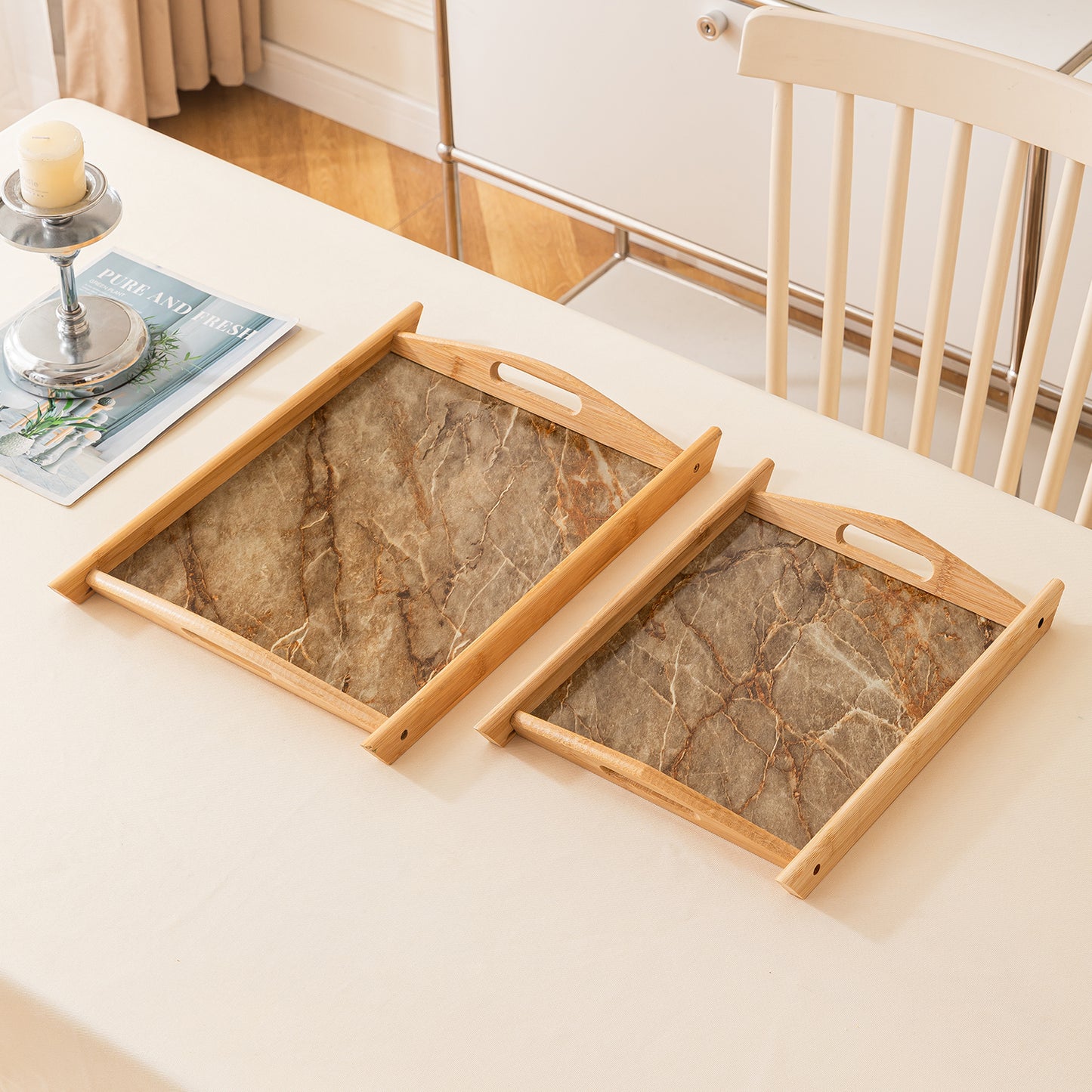 Bamboo Set of 2 Serving Trays with Handles – elegant faux marble base, Brown