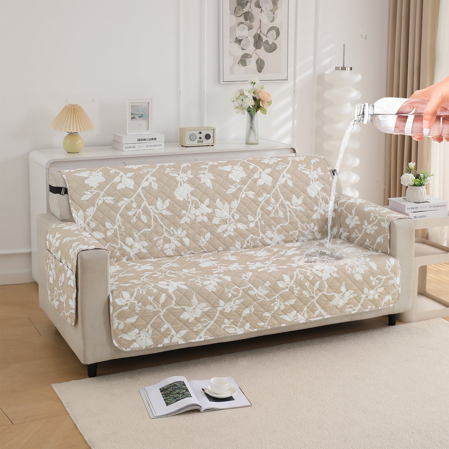 Waterproof & Quick-Dry Quilted Sofa Cover with Pockets on Armrest, Buff Brown Sillehoute Floral