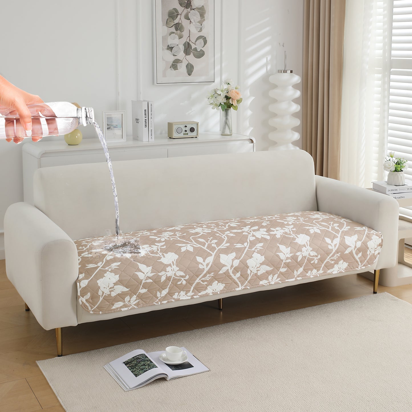 HOKIPO Water Repellent + Waterproof Quilted Sofa Mats, Buff Brown Sillehoute Floral