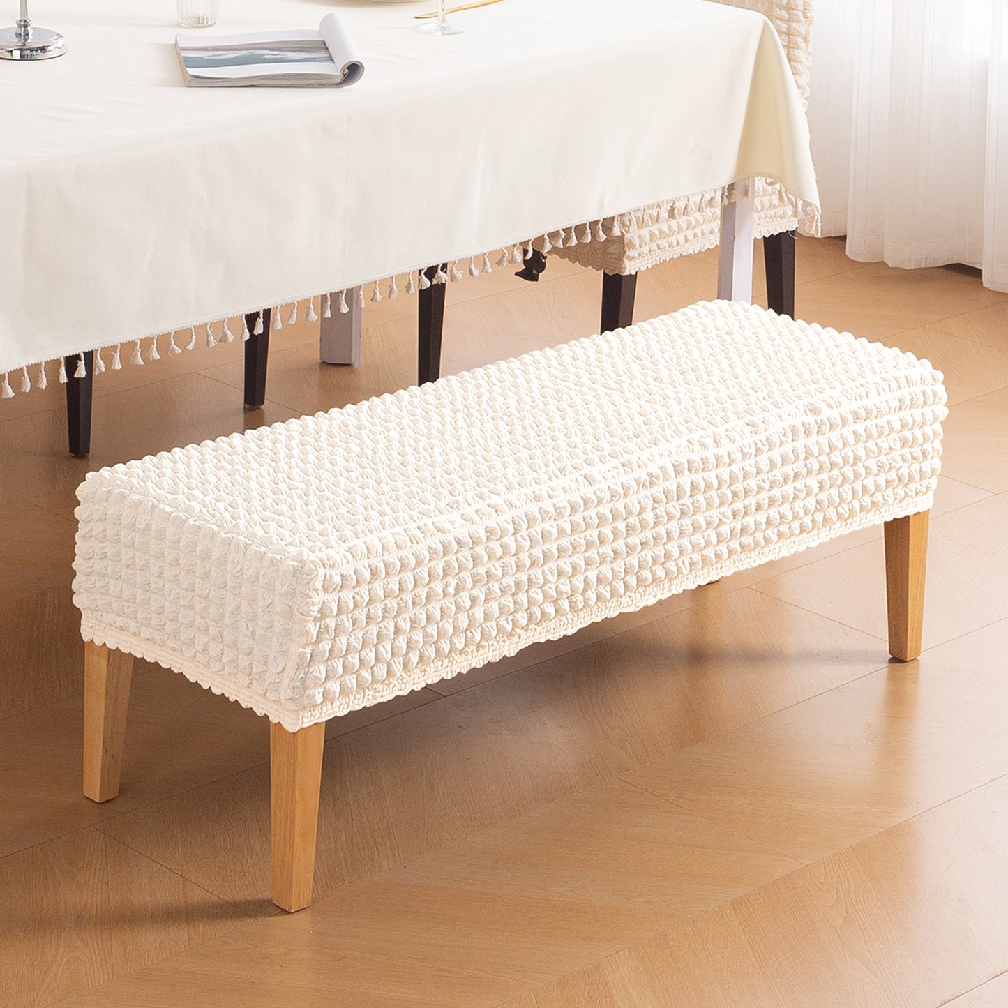 Aria Nova 280 GSM Stretchable Bubble Dining Bench Cover, Light Cream