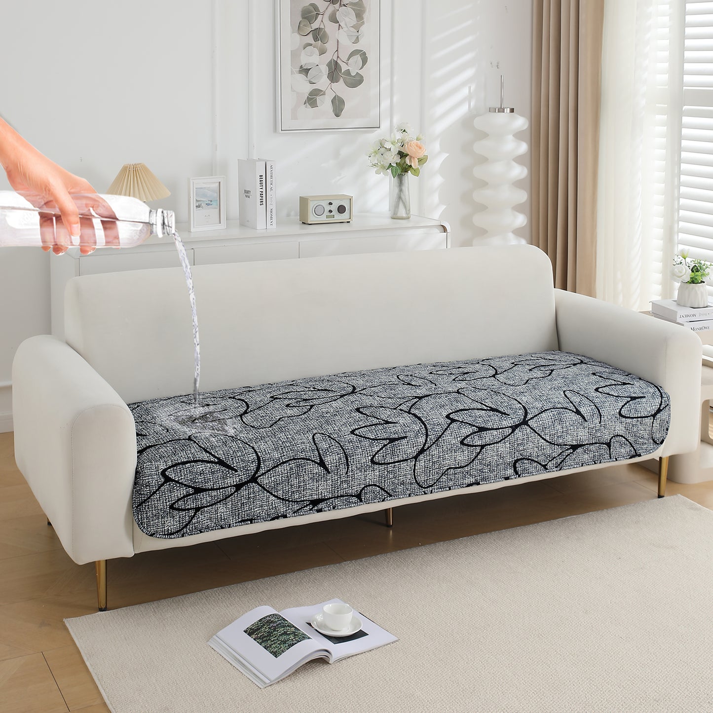 HOKIPO Water Repellent + Waterproof Quilted Sofa Mats, Intense Grey Abstract Floral