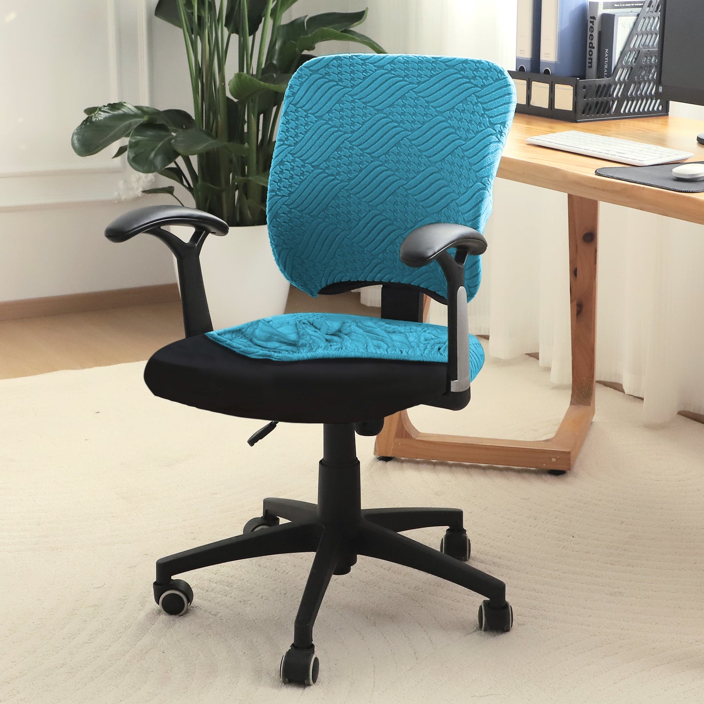 Office Chair Cover for Task Chair – 170 GSM Stretchable Jacquard – Washable & Anti-Slip – Fits Small Office Chairs Without Headrest, Turquoise