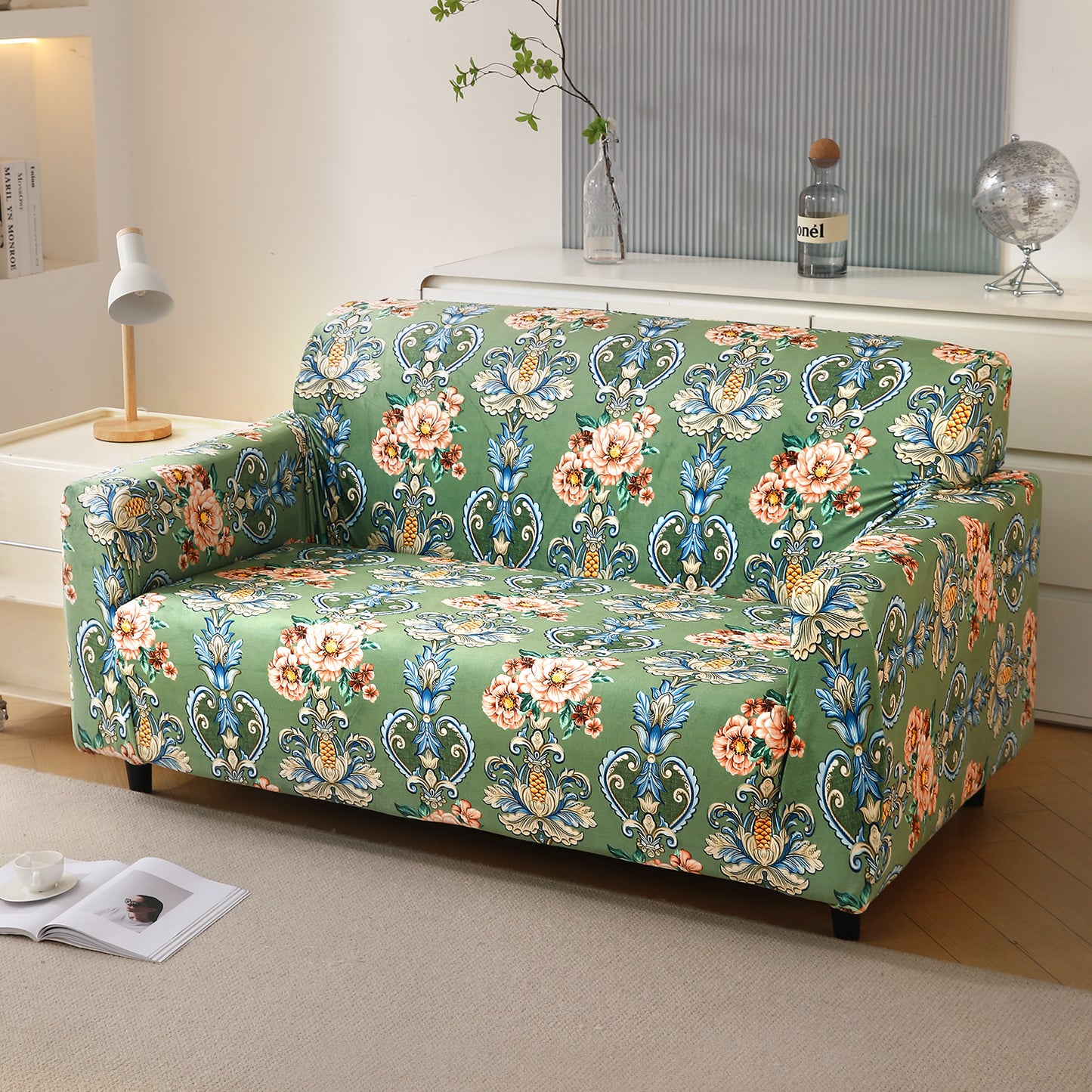 Premium Printed Velvet Sofa Cover 1/2/3 Seaters Fully Covered, Green Victorian Garden