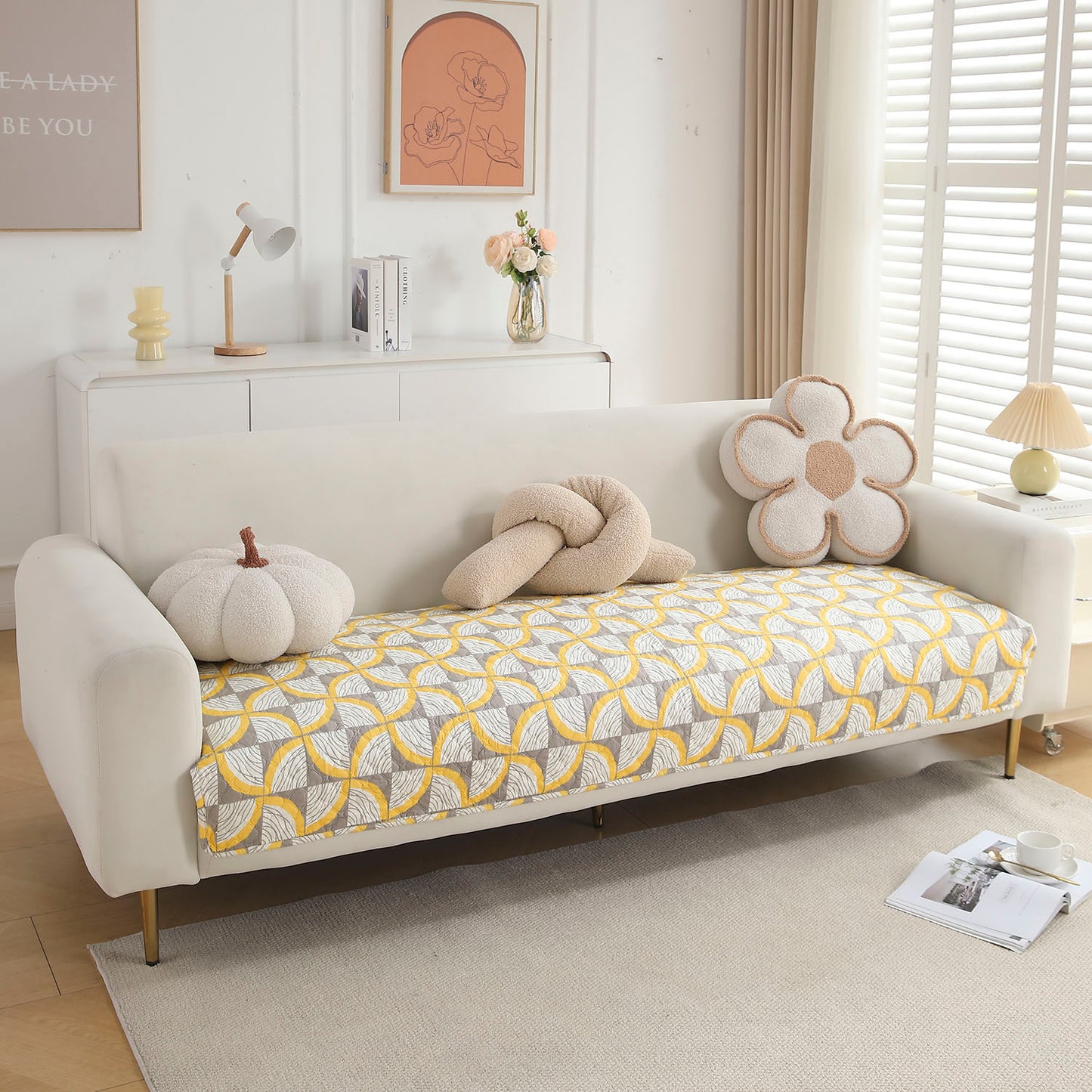 Quilted Sofa Seat Mat Covers for 1/2/3 Seater Sofa, Windmill Cyber Yellow