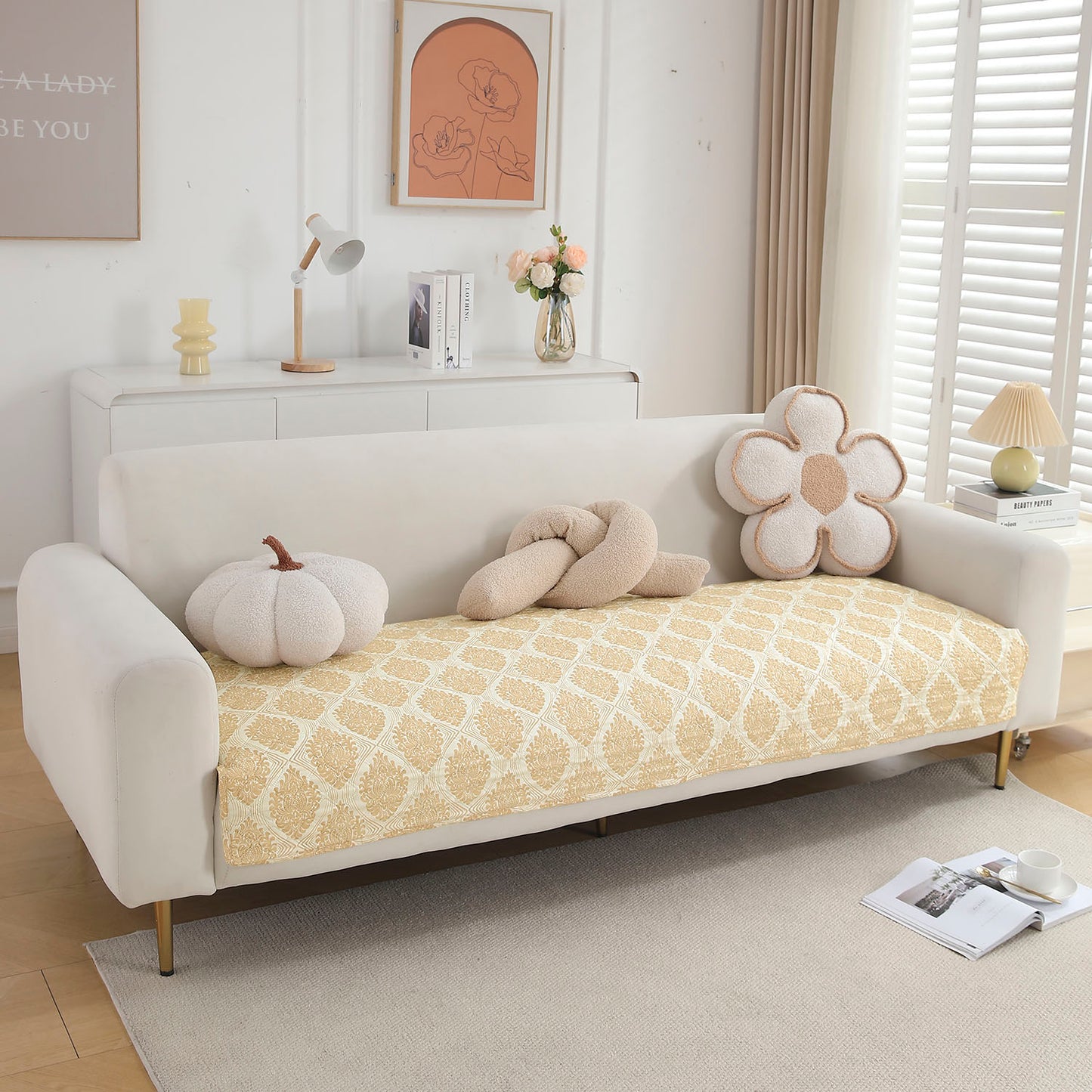 Quilted Sofa Seat Mat Covers for 1/2/3 Seater Sofa, Ogee Ivory
