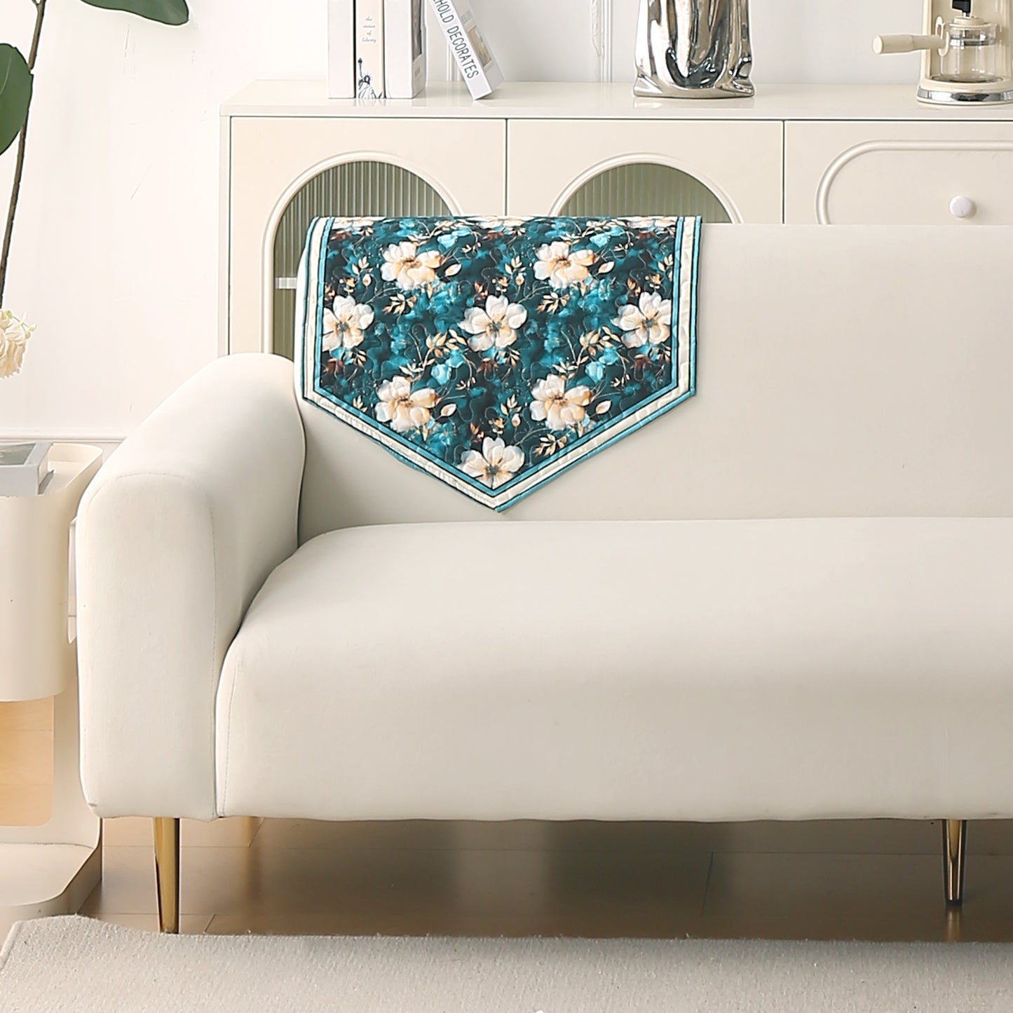 Florentina Series Premium Holland Velvet Sofa Cover Mat - Pansies Teal