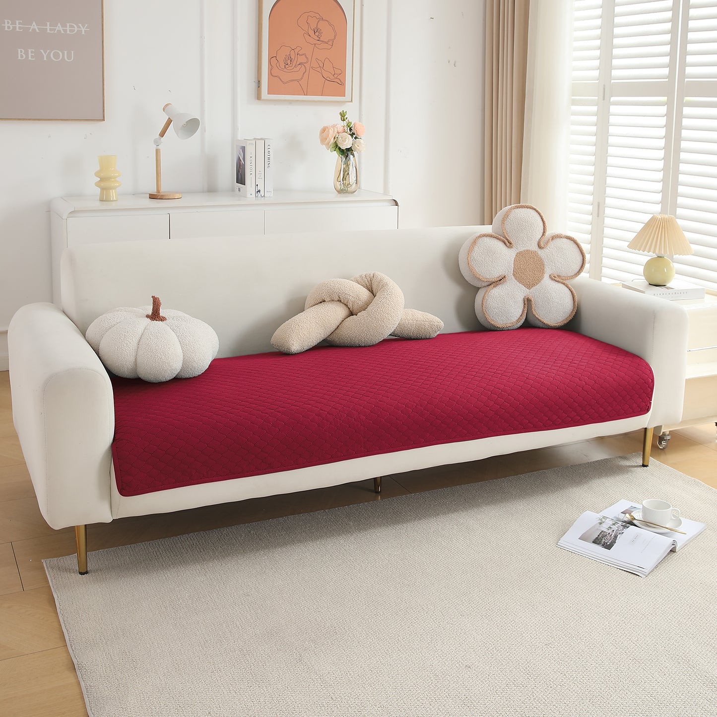 Polyester Quilted Sofa Cover Mats, Maroon